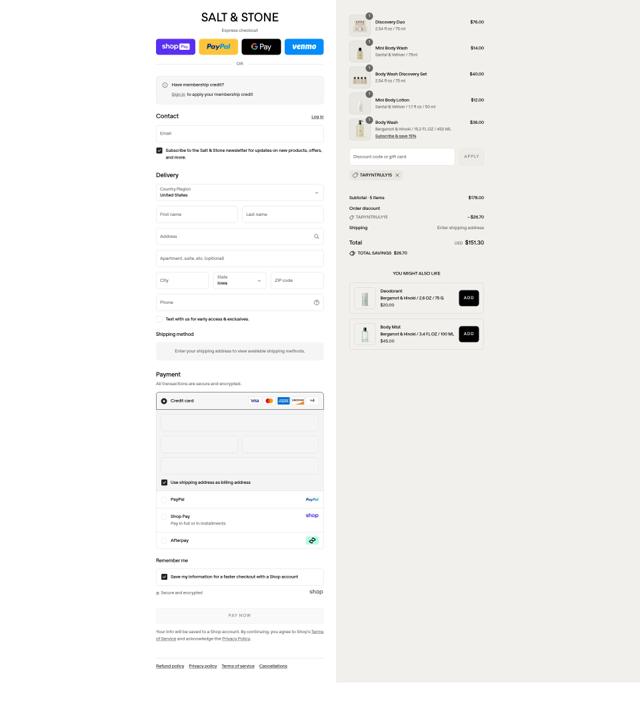 Salt & Stone checkout page showing Salt & Stone promo code box | Screenshot taken by SimplyCodes community member on Aug 26, 2025