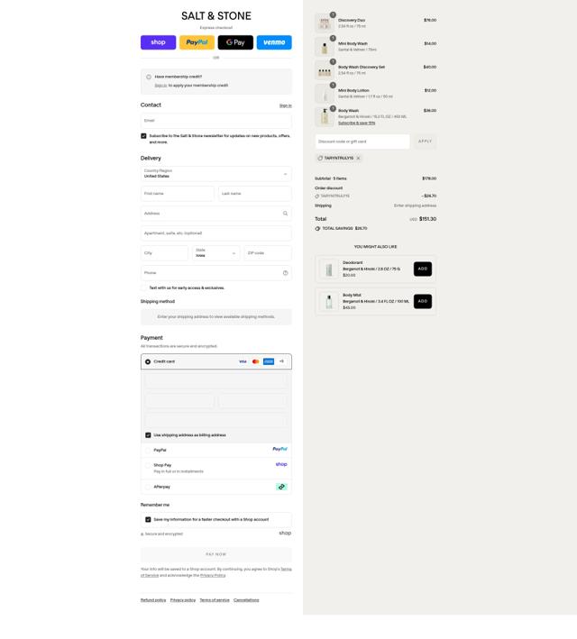 Salt & Stone checkout page showing Salt & Stone promo code box | Screenshot taken by SimplyCodes community member on Sep 11, 2025