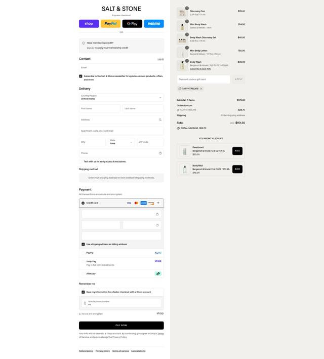 Salt & Stone checkout page showing Salt & Stone promo code box | Screenshot taken by SimplyCodes community member on Sep 3, 2025