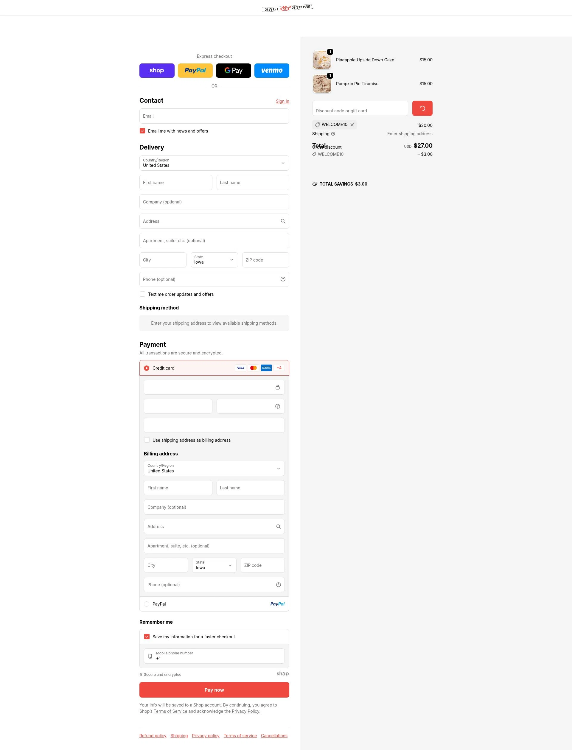 Salt & Straw checkout page showing Salt & Straw promo code box | Screenshot taken by SimplyCodes community member on Jan 3, 2026