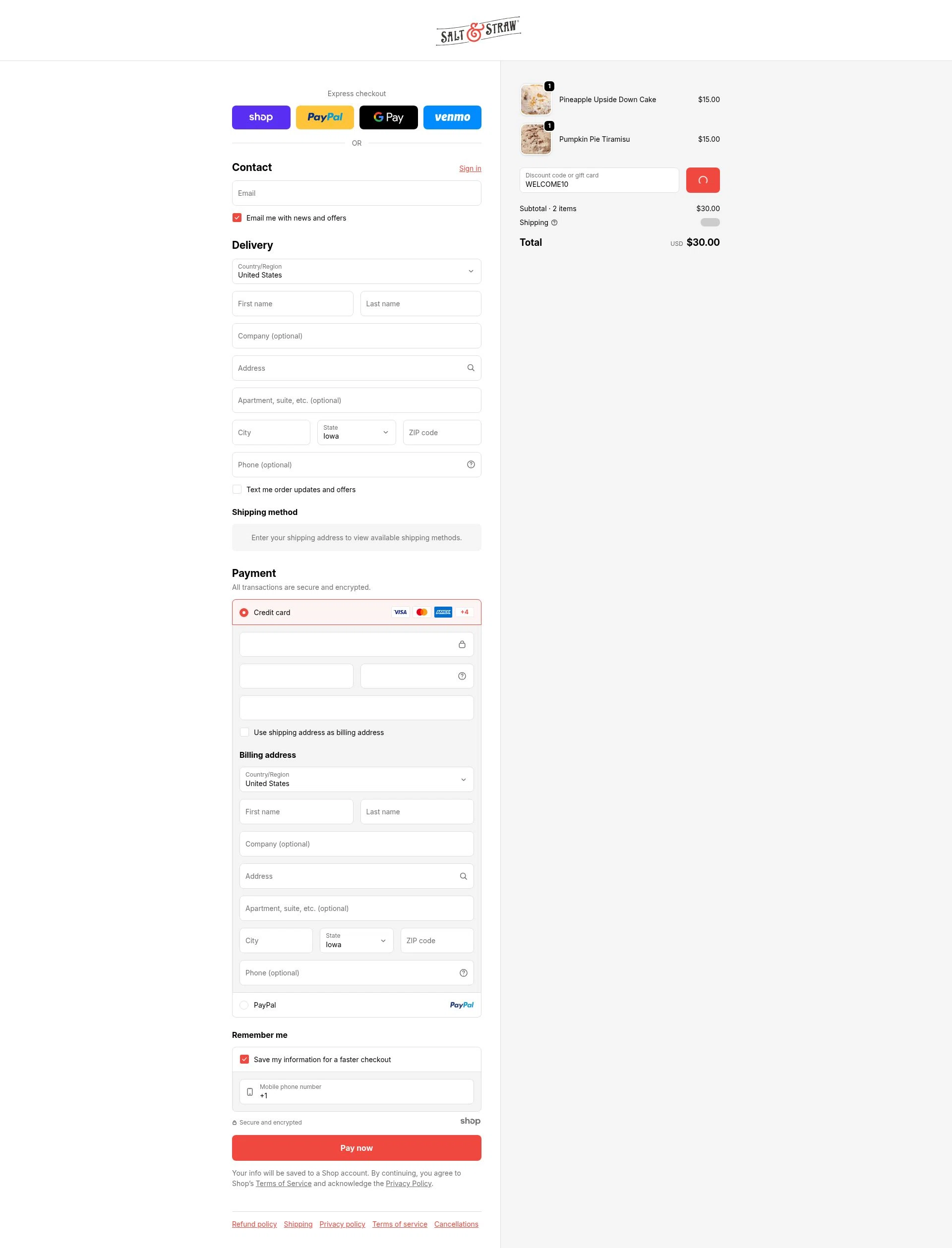 Salt & Straw checkout page showing Salt & Straw promo code box | Screenshot taken by SimplyCodes community member on Dec 24, 2025
