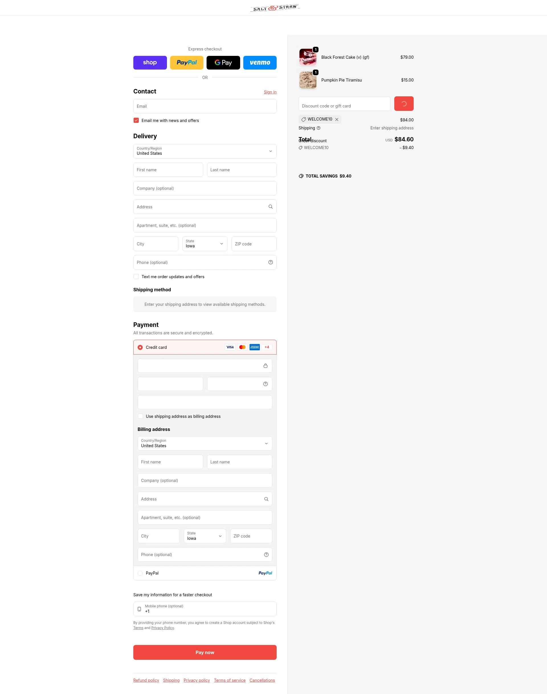 Salt & Straw checkout page showing Salt & Straw promo code box | Screenshot taken by SimplyCodes community member on Feb 6, 2026