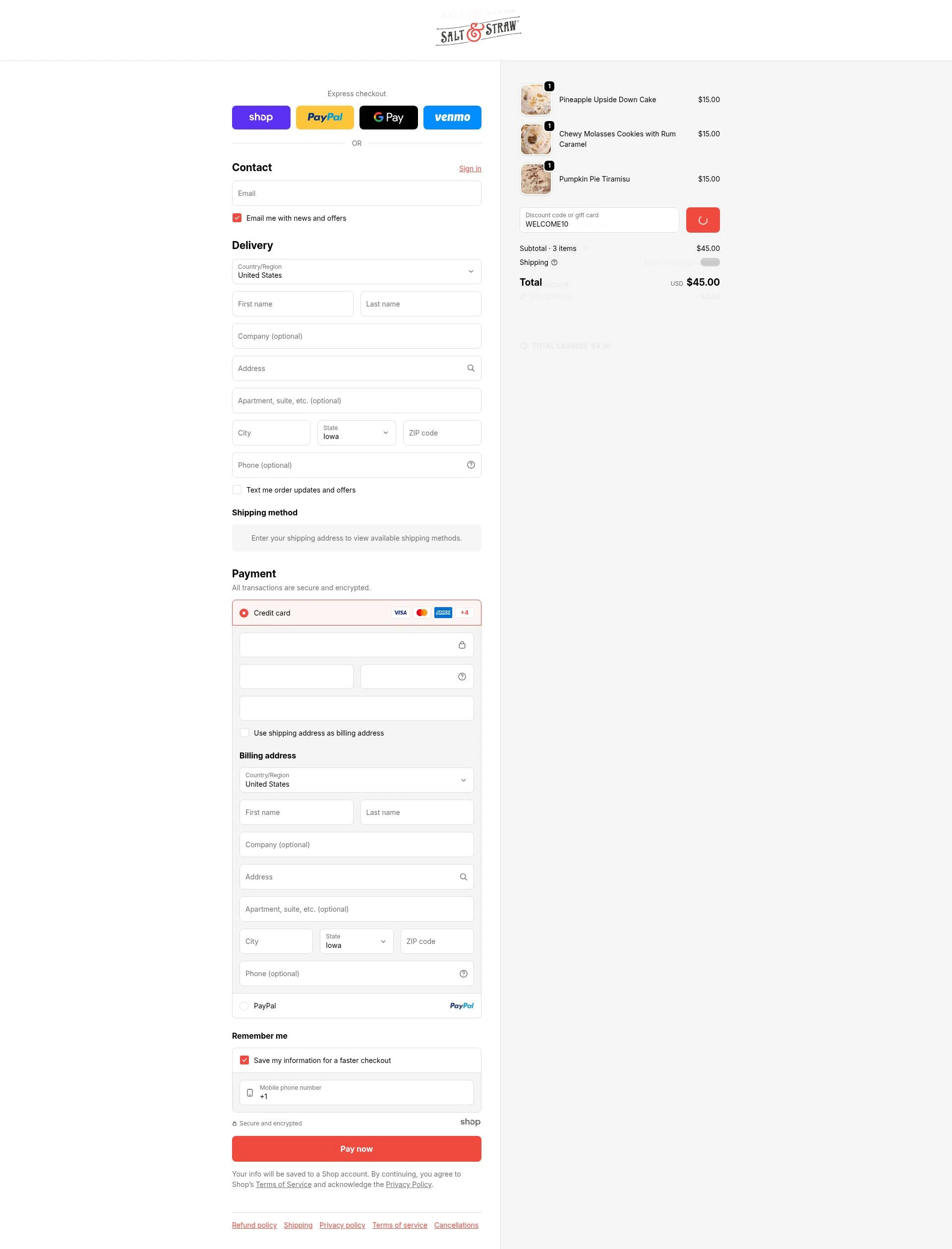 Salt & Straw checkout page showing Salt & Straw promo code box | Screenshot taken by SimplyCodes community member on Dec 18, 2025