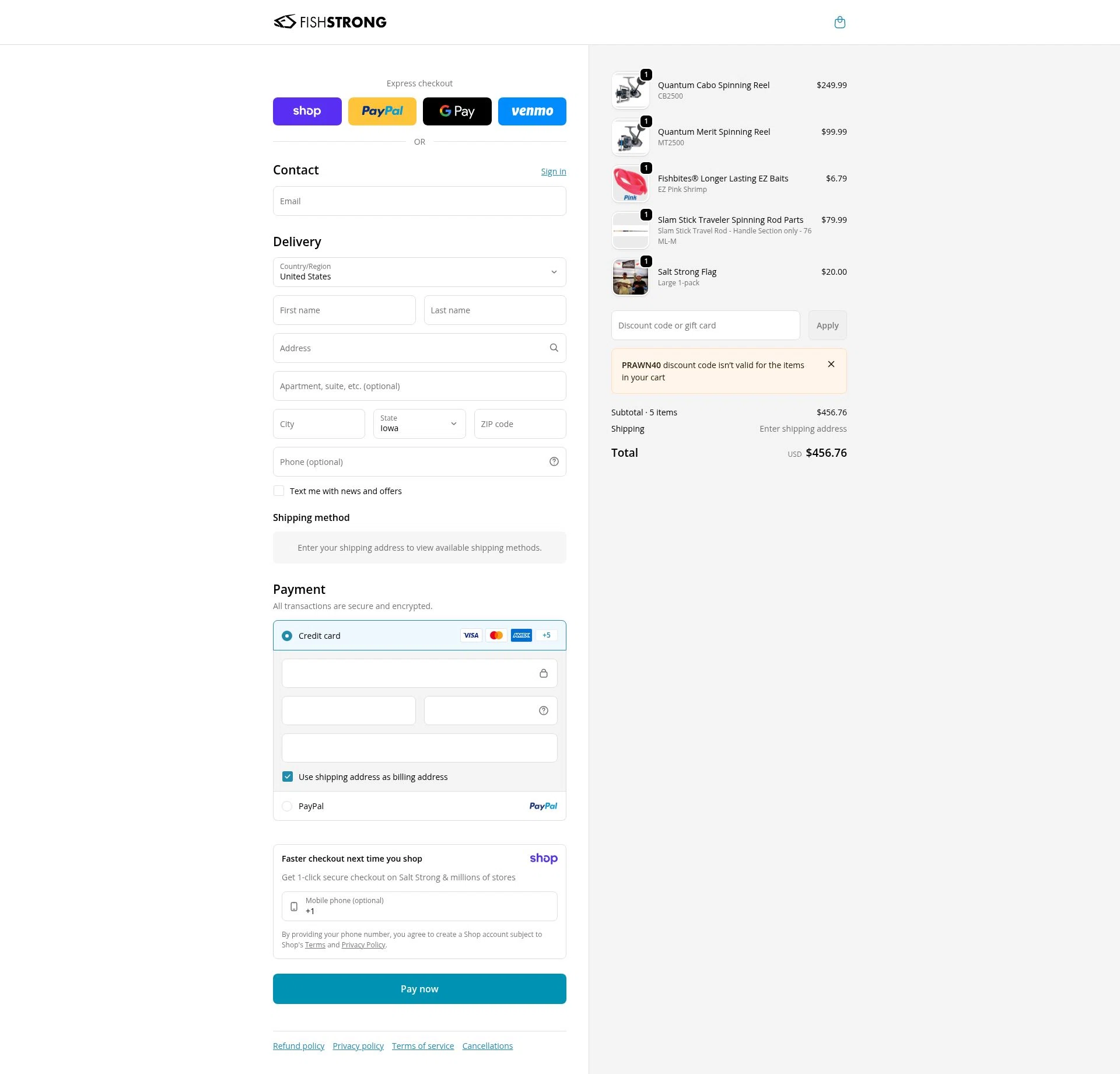 Salt Strong Tackle Shop checkout page showing Salt Strong Tackle Shop promo code box | Screenshot taken by SimplyCodes community member on Jan 7, 2026