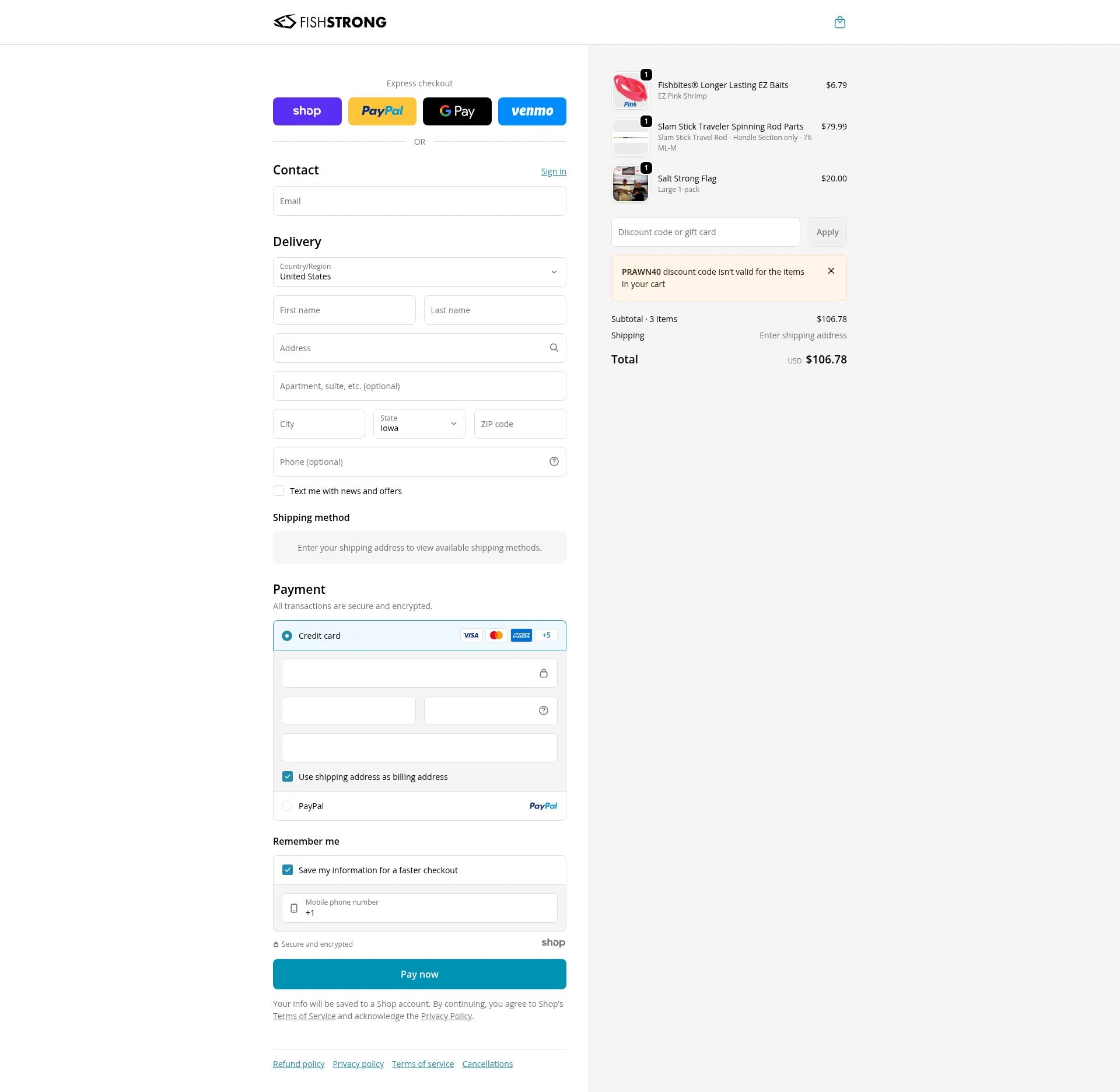 Salt Strong Tackle Shop checkout page showing Salt Strong Tackle Shop promo code box | Screenshot taken by SimplyCodes community member on Dec 23, 2025