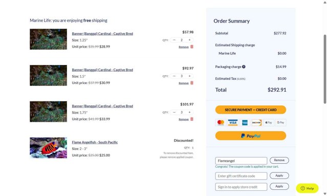 SaltWaterFish checkout page showing SaltWaterFish coupon code box | Screenshot taken by SimplyCodes community member on Sep 6, 2025