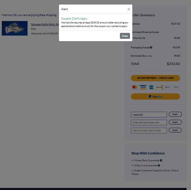 SaltWaterFish checkout page showing SaltWaterFish coupon code box | Screenshot taken by SimplyCodes community member on Sep 5, 2025