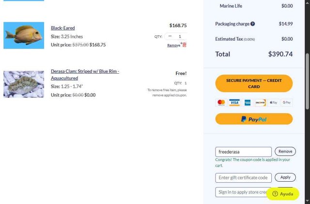 SaltWaterFish checkout page showing SaltWaterFish coupon code box | Screenshot taken by SimplyCodes community member on Aug 22, 2025