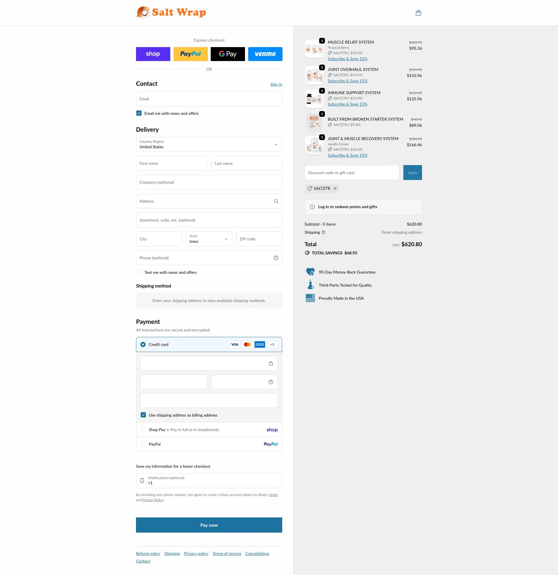 SaltWrap checkout page showing SaltWrap discount code box | Screenshot taken by SimplyCodes community member on Feb 12, 2026