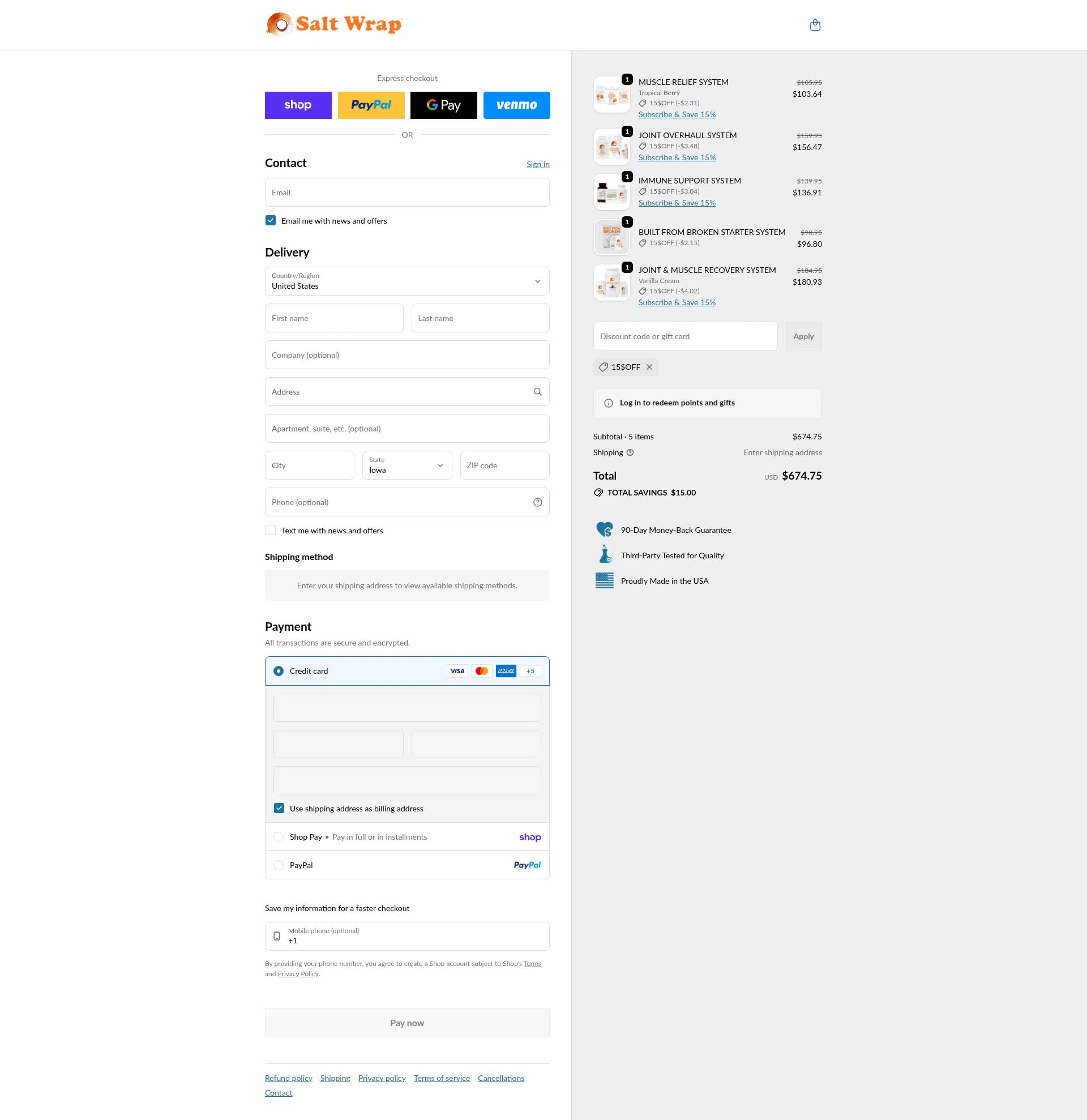 SaltWrap checkout page showing SaltWrap discount code box | Screenshot taken by SimplyCodes community member on Feb 12, 2026