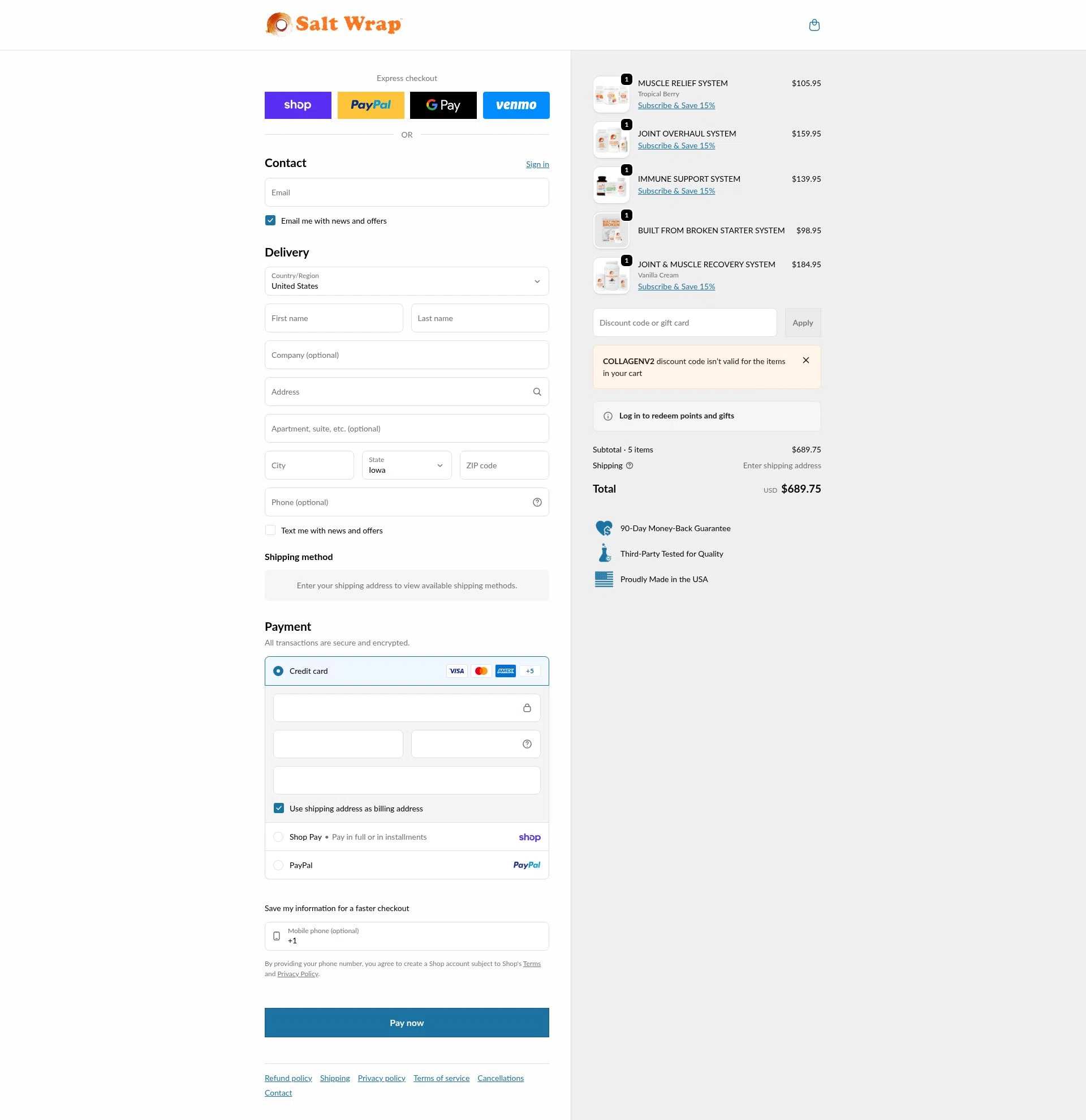 SaltWrap checkout page showing SaltWrap discount code box | Screenshot taken by SimplyCodes community member on Feb 12, 2026