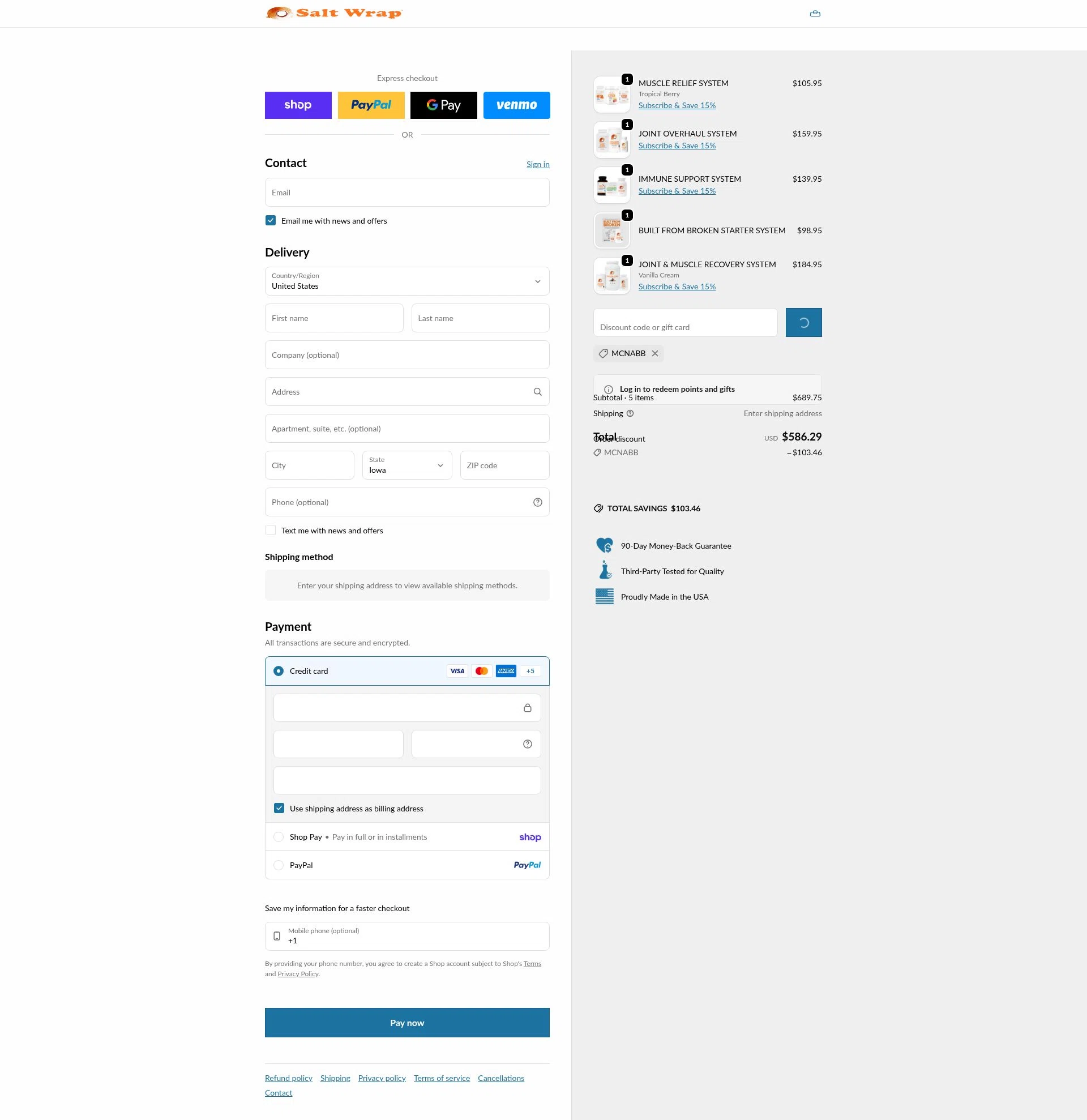 SaltWrap checkout page showing SaltWrap discount code box | Screenshot taken by SimplyCodes community member on Feb 12, 2026