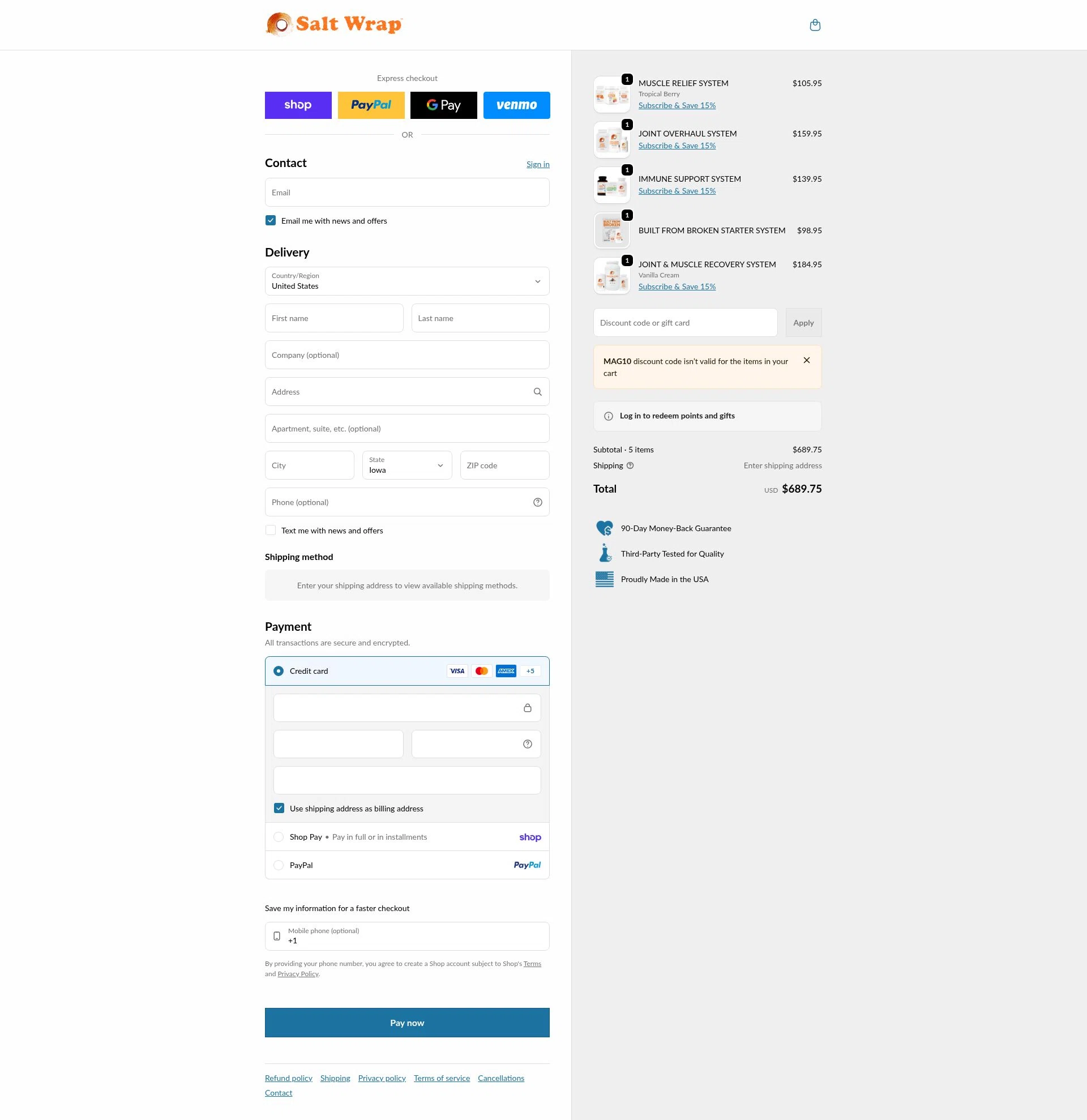 SaltWrap checkout page showing SaltWrap discount code box | Screenshot taken by SimplyCodes community member on Feb 12, 2026