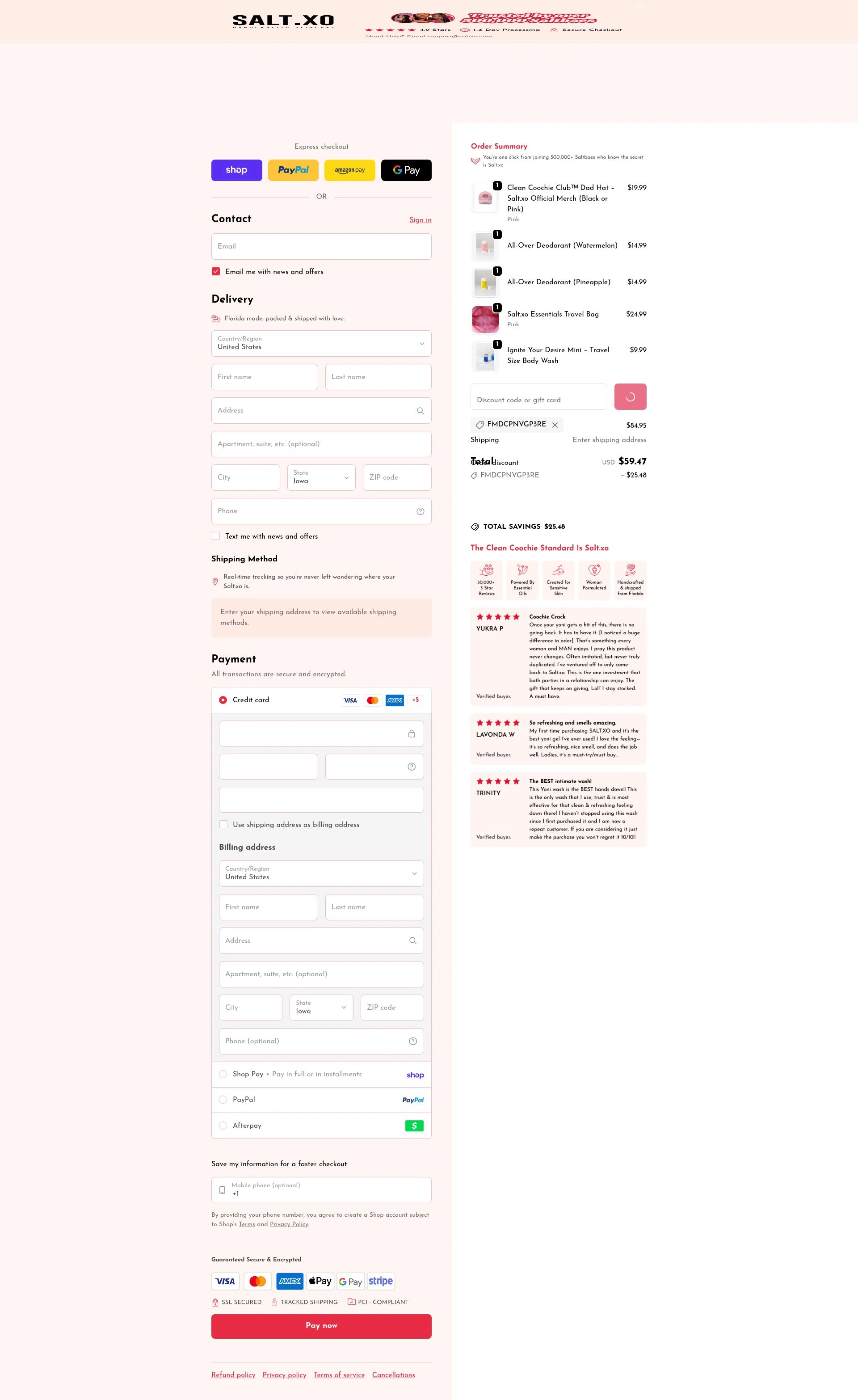 SaltXo checkout page showing SaltXo discount code box | Screenshot taken by SimplyCodes community member on Feb 25, 2026
