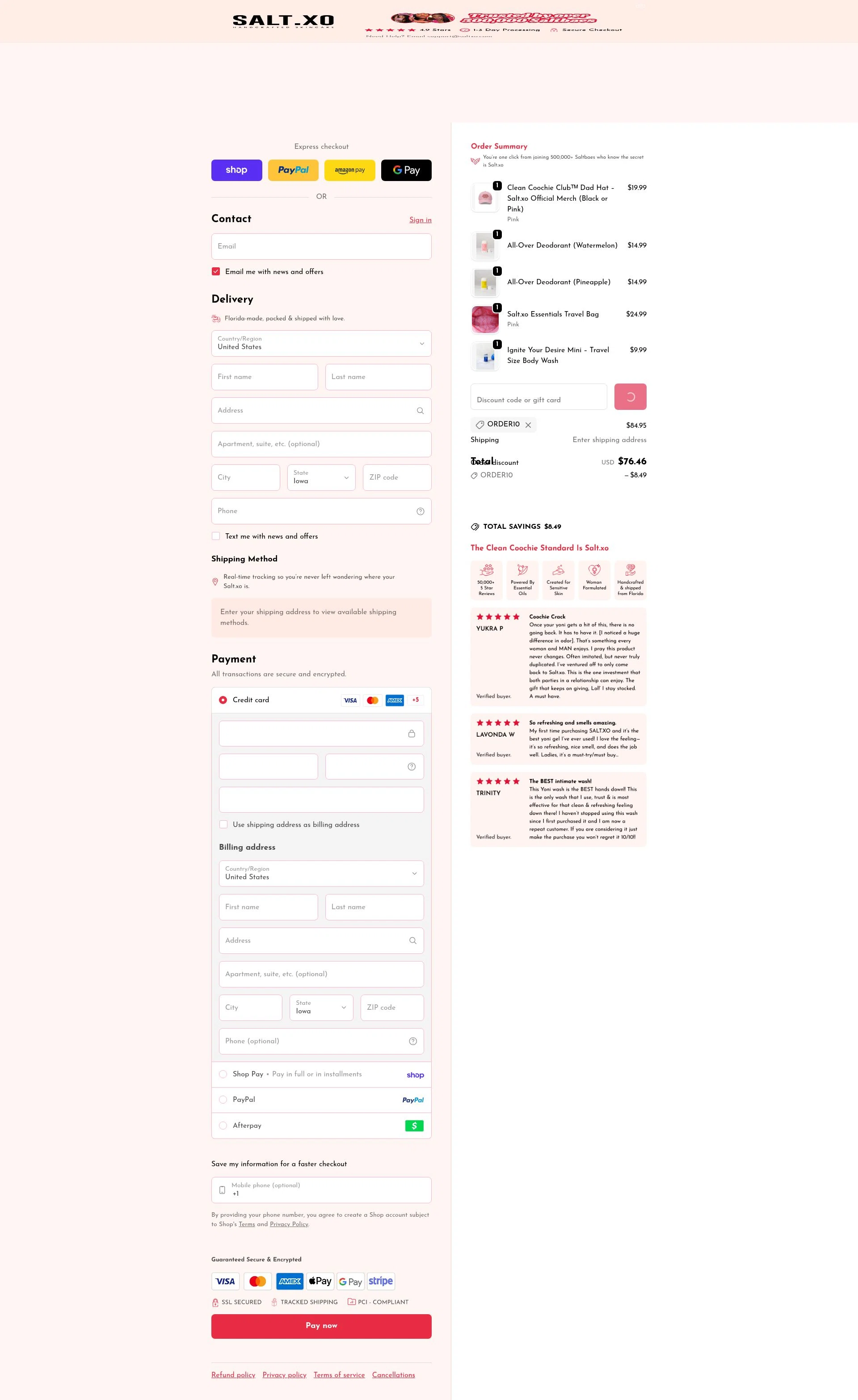 SaltXo checkout page showing SaltXo discount code box | Screenshot taken by SimplyCodes community member on Feb 25, 2026