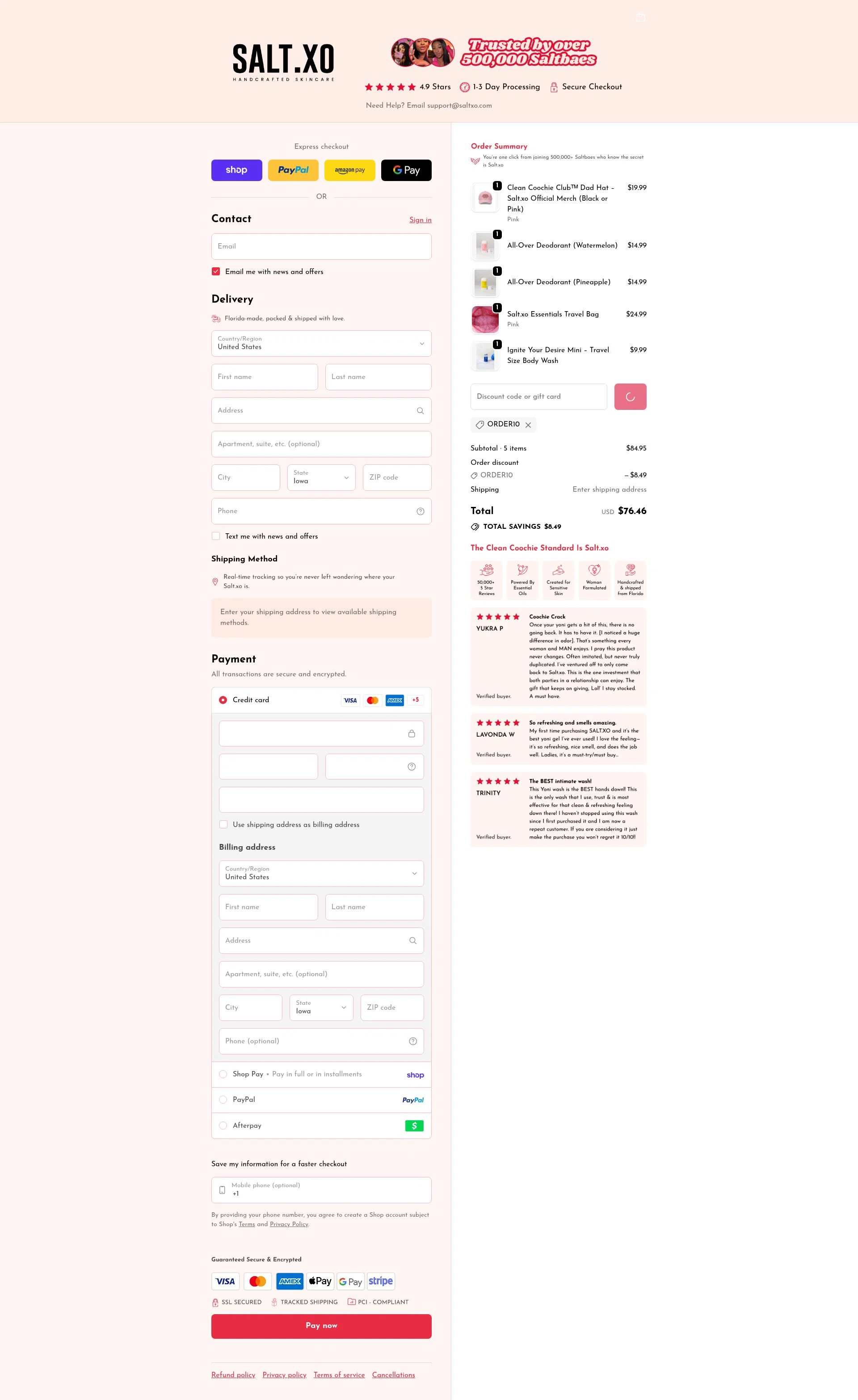 SaltXo checkout page showing SaltXo discount code box | Screenshot taken by SimplyCodes community member on Feb 21, 2026