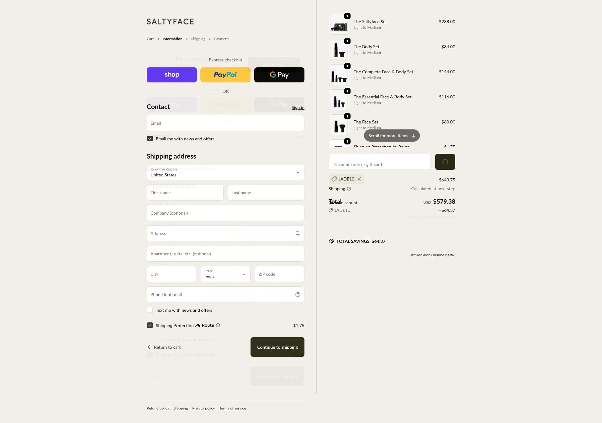 Saltyface checkout page showing Saltyface discount code box | Screenshot taken by SimplyCodes community member on Feb 11, 2026