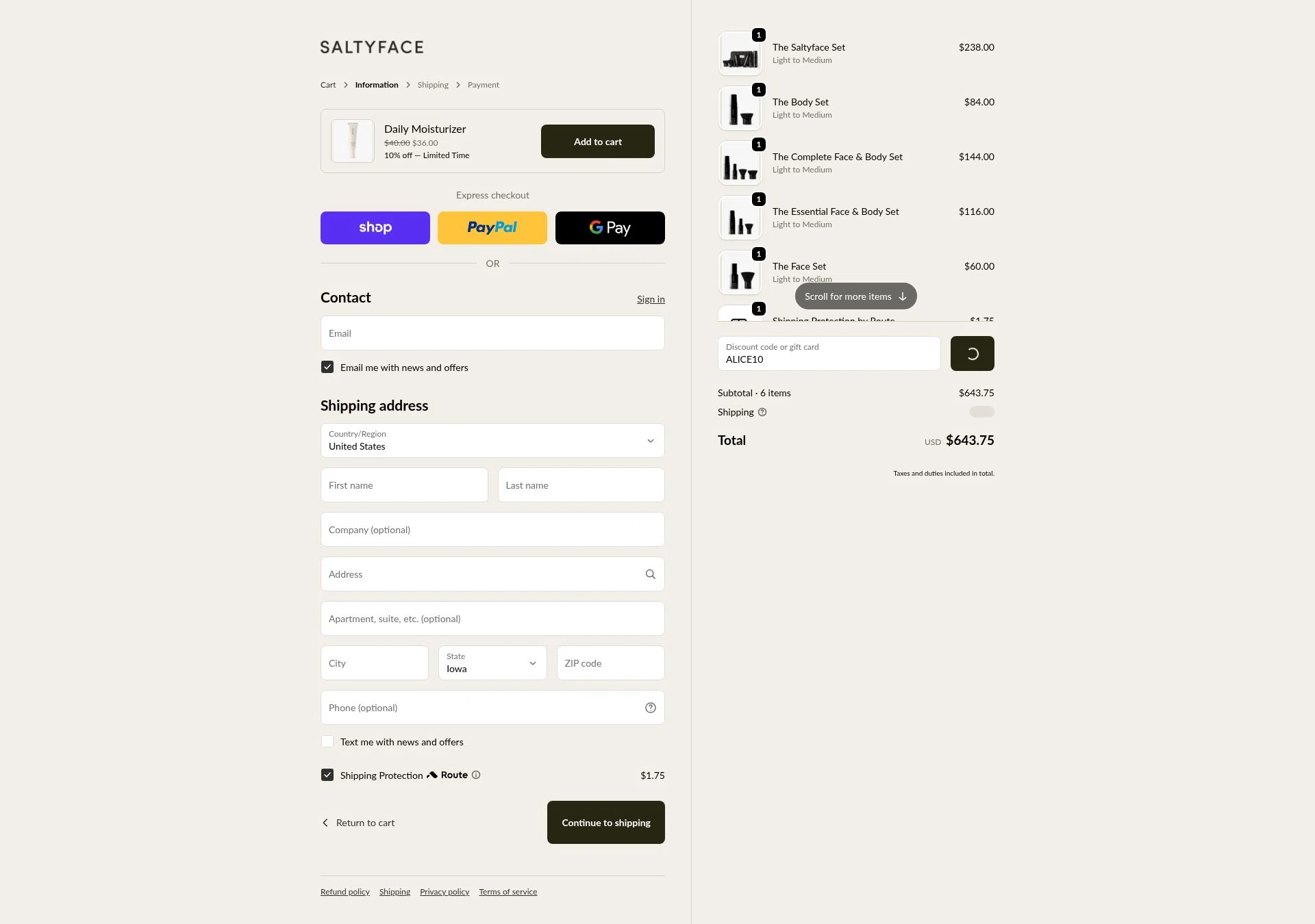 Saltyface checkout page showing Saltyface discount code box | Screenshot taken by SimplyCodes community member on Feb 11, 2026