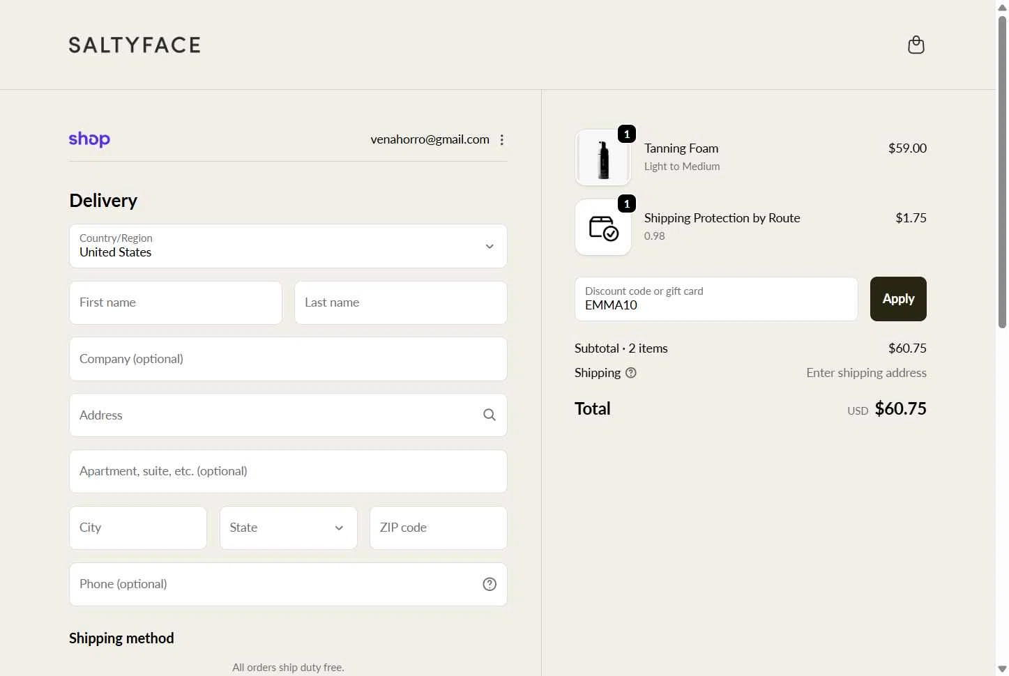 Saltyface checkout page showing Saltyface discount code box | Screenshot taken by SimplyCodes community member on Feb 11, 2026