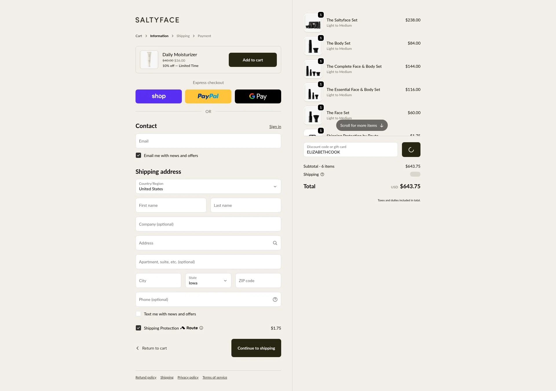 Saltyface checkout page showing Saltyface discount code box | Screenshot taken by SimplyCodes community member on Feb 11, 2026