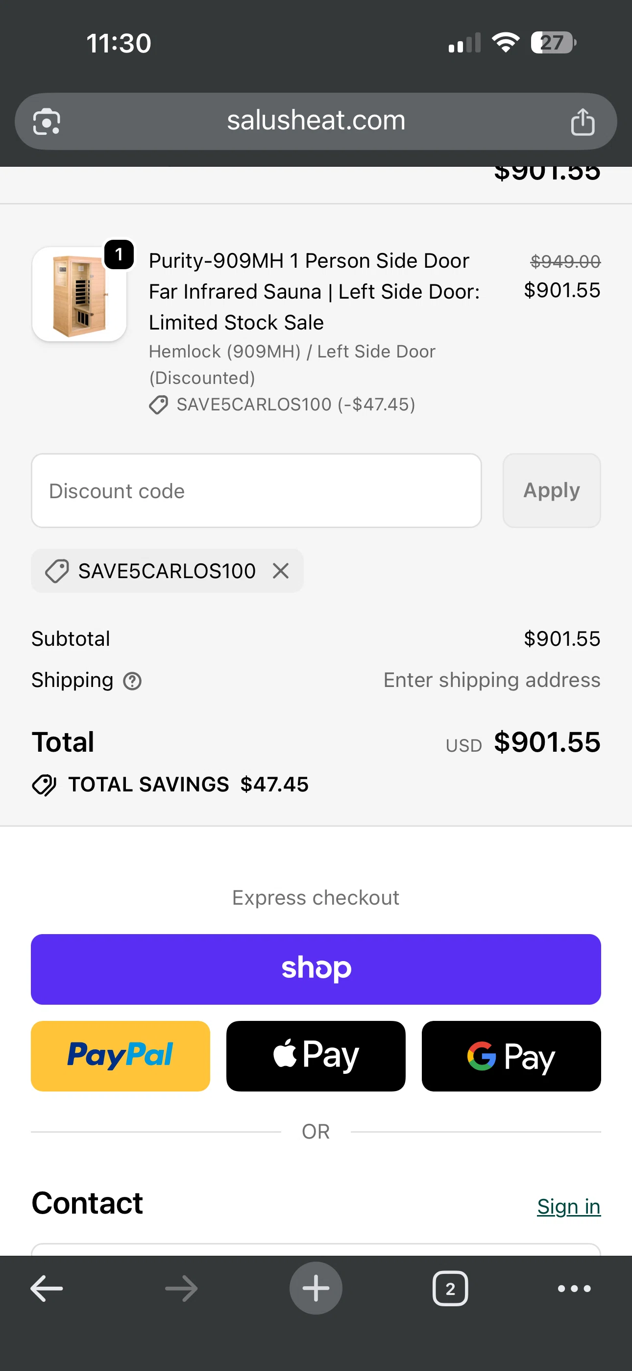 SalusHEAT discount code screenshot showing code SAVE5CARLOS100 applied at SalusHEAT checkout page. Uploaded by SimplyCodes community member carlosrivero on Jan 13, 2026