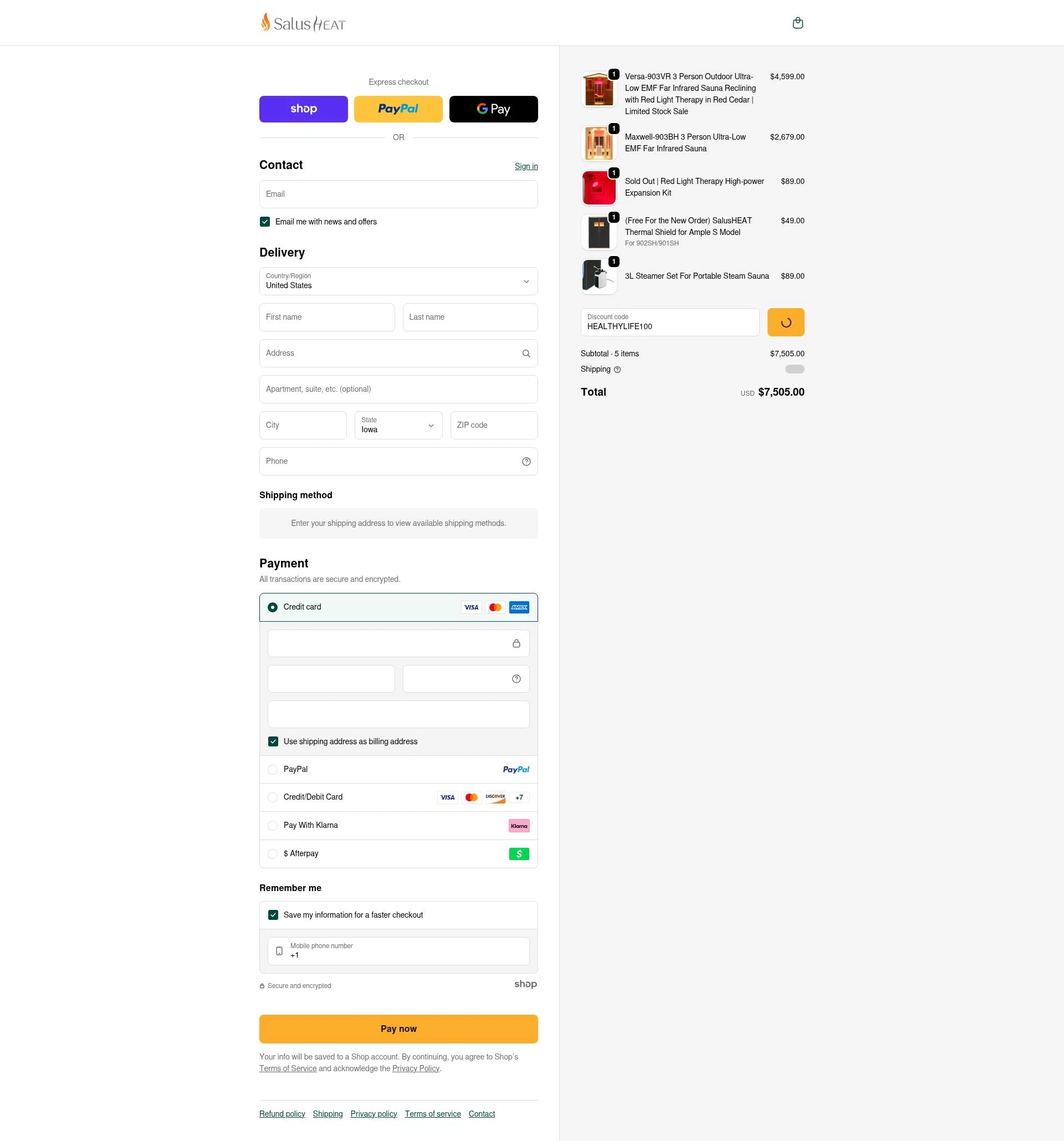 SalusHEAT checkout page showing SalusHEAT discount code box | Screenshot taken by SimplyCodes community member on Jan 30, 2026