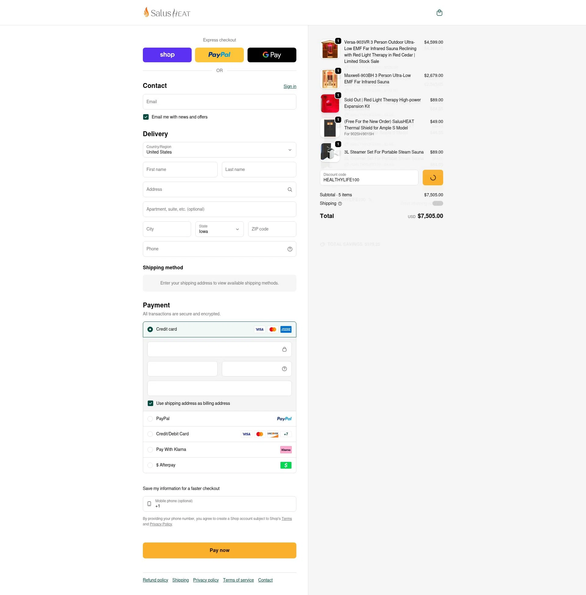 SalusHEAT checkout page showing SalusHEAT discount code box | Screenshot taken by SimplyCodes community member on Feb 3, 2026