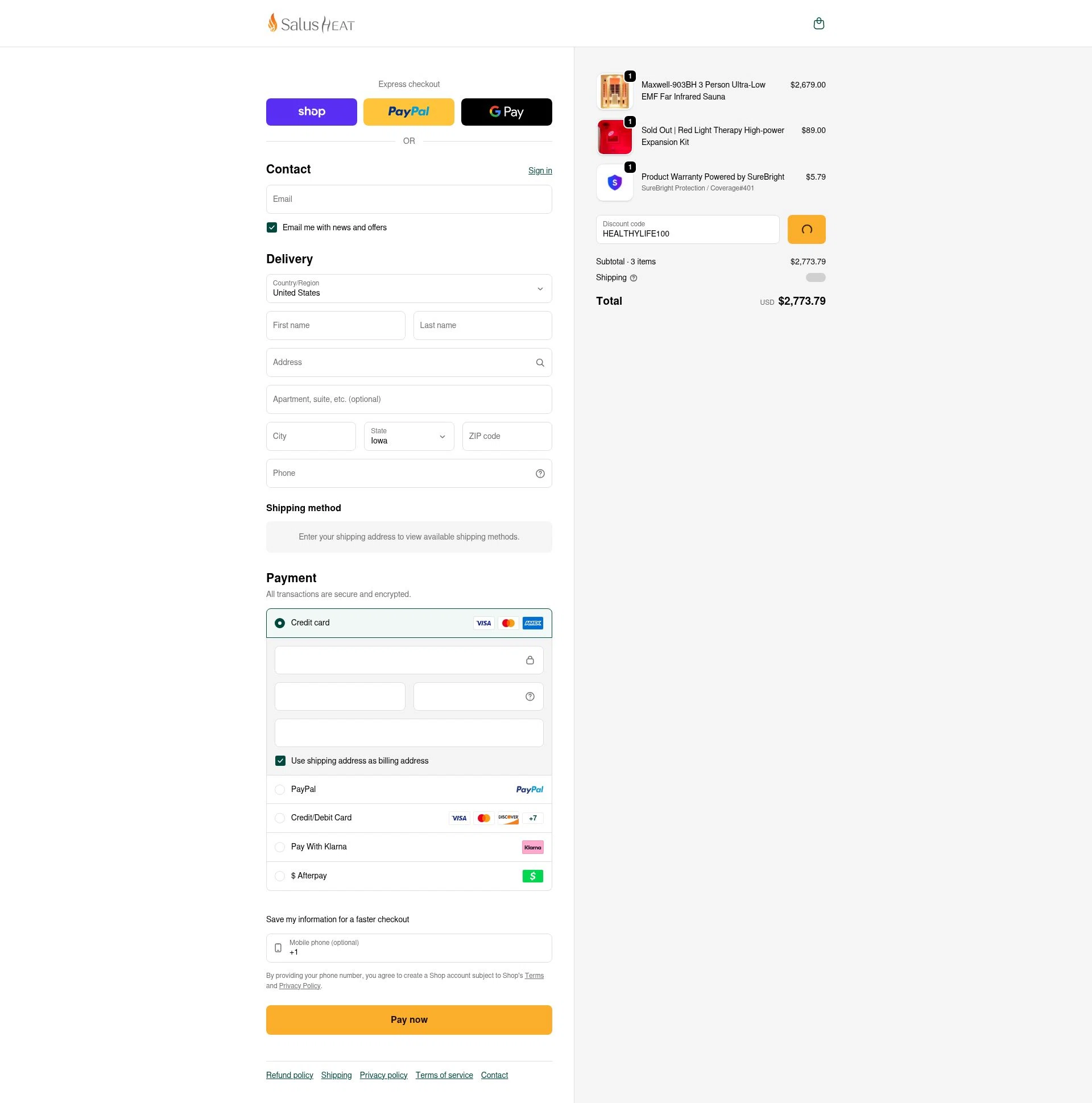 SalusHEAT checkout page showing SalusHEAT discount code box | Screenshot taken by SimplyCodes community member on Jan 13, 2026