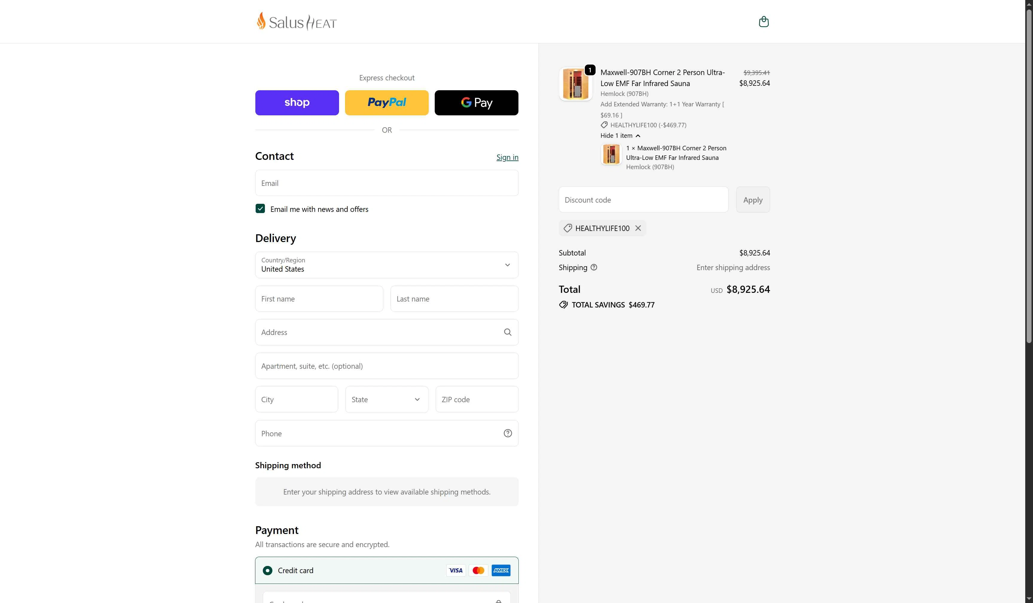 SalusHEAT checkout page showing SalusHEAT discount code box | Screenshot taken by SimplyCodes community member on Jan 13, 2026