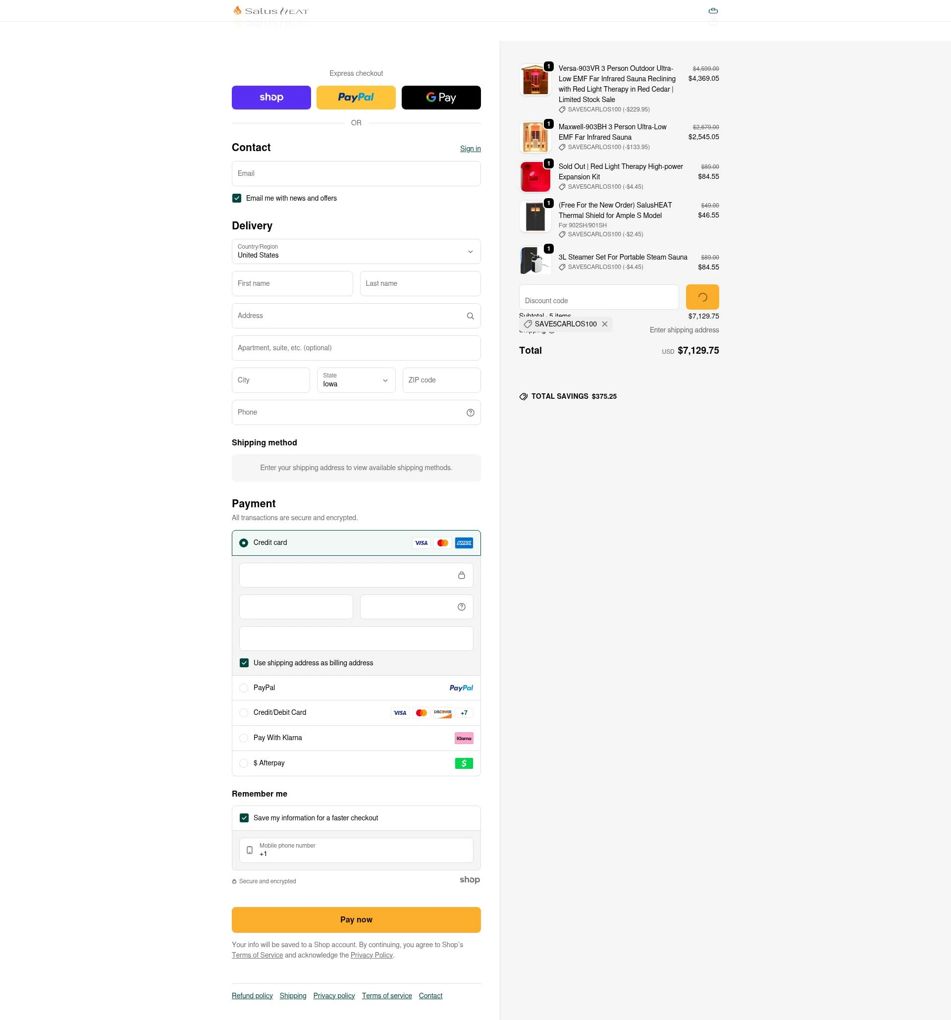 SalusHEAT checkout page showing SalusHEAT discount code box | Screenshot taken by SimplyCodes community member on Jan 30, 2026