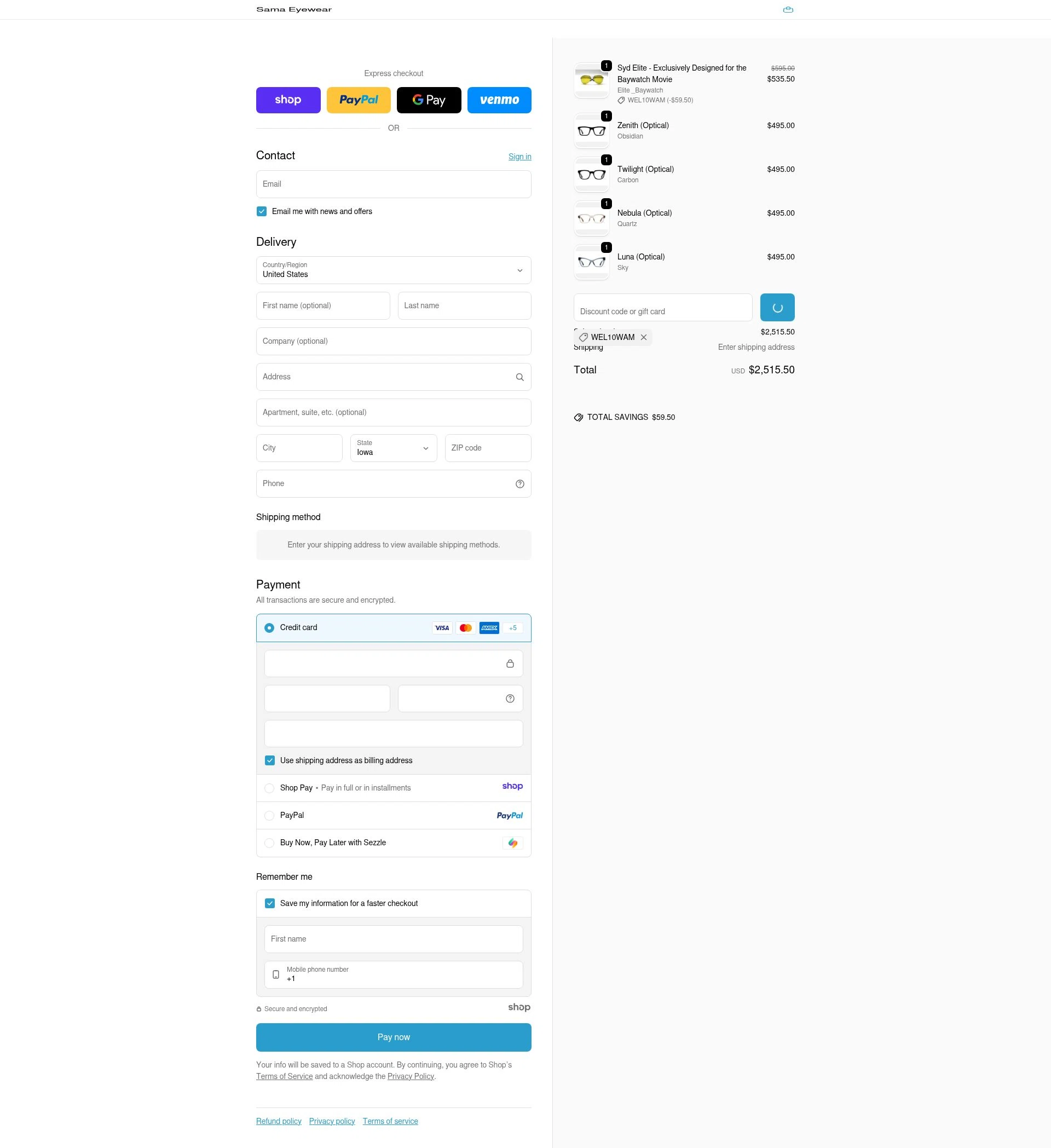 Sama Eyewear Shop checkout page showing Sama Eyewear Shop promo code box | Screenshot taken by SimplyCodes community member on Jan 1, 2026