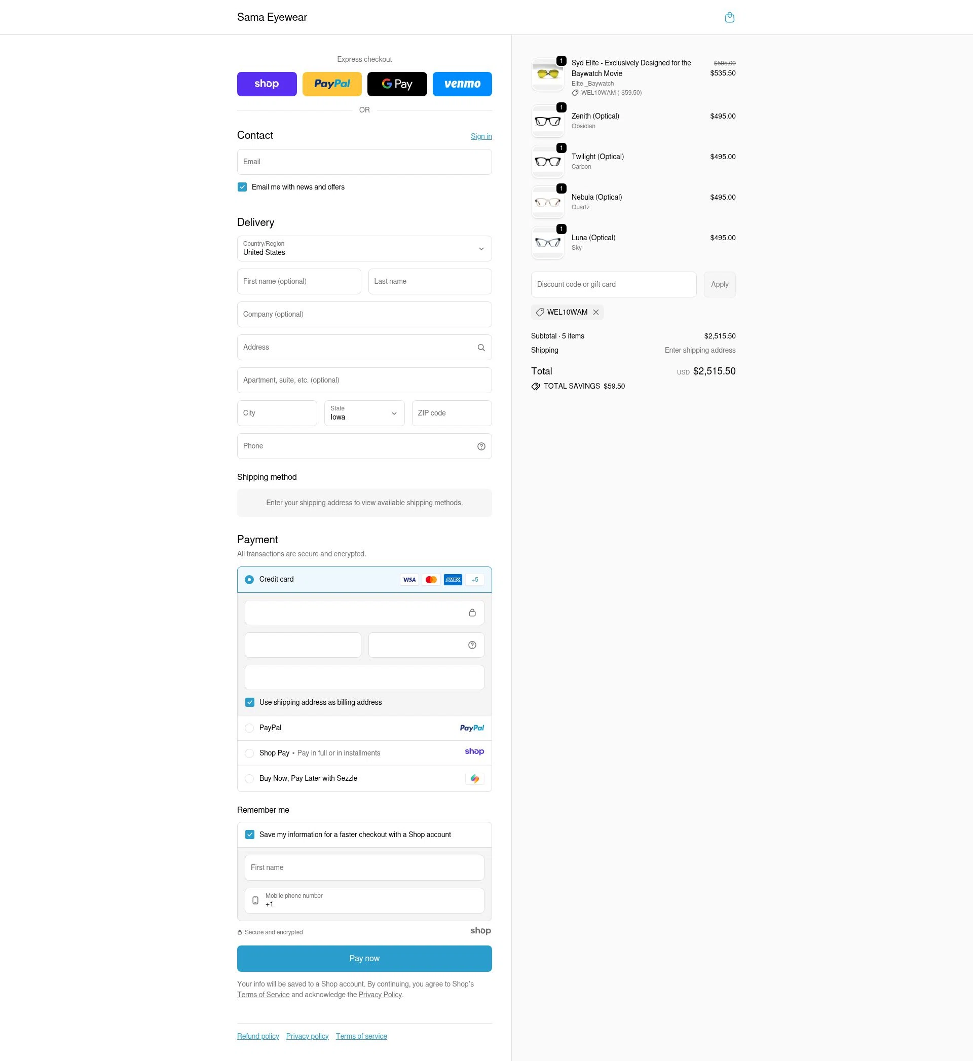 Sama Eyewear Shop checkout page showing Sama Eyewear Shop promo code box | Screenshot taken by SimplyCodes community member on Nov 13, 2025