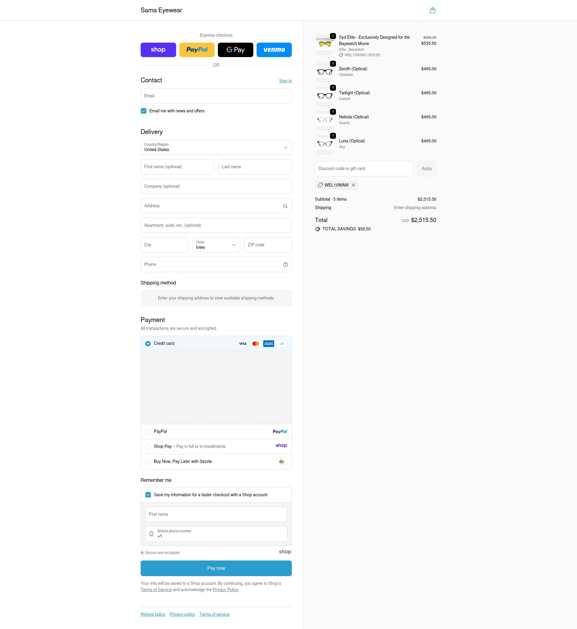 Sama Eyewear Shop checkout page showing Sama Eyewear Shop promo code box | Screenshot taken by SimplyCodes community member on Nov 18, 2025