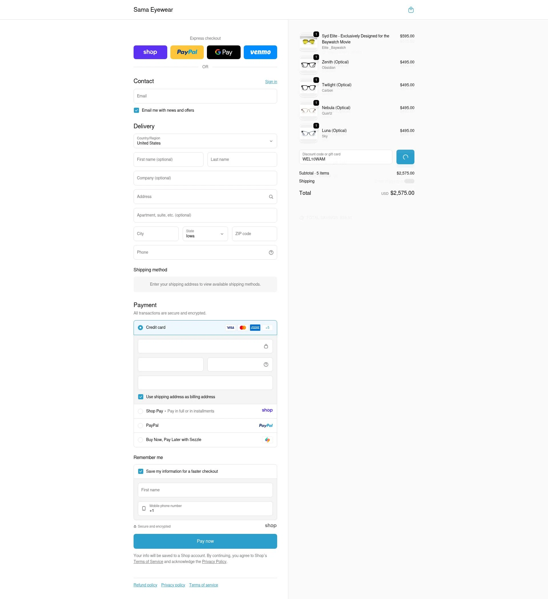 Sama Eyewear Shop checkout page showing Sama Eyewear Shop promo code box | Screenshot taken by SimplyCodes community member on Dec 22, 2025