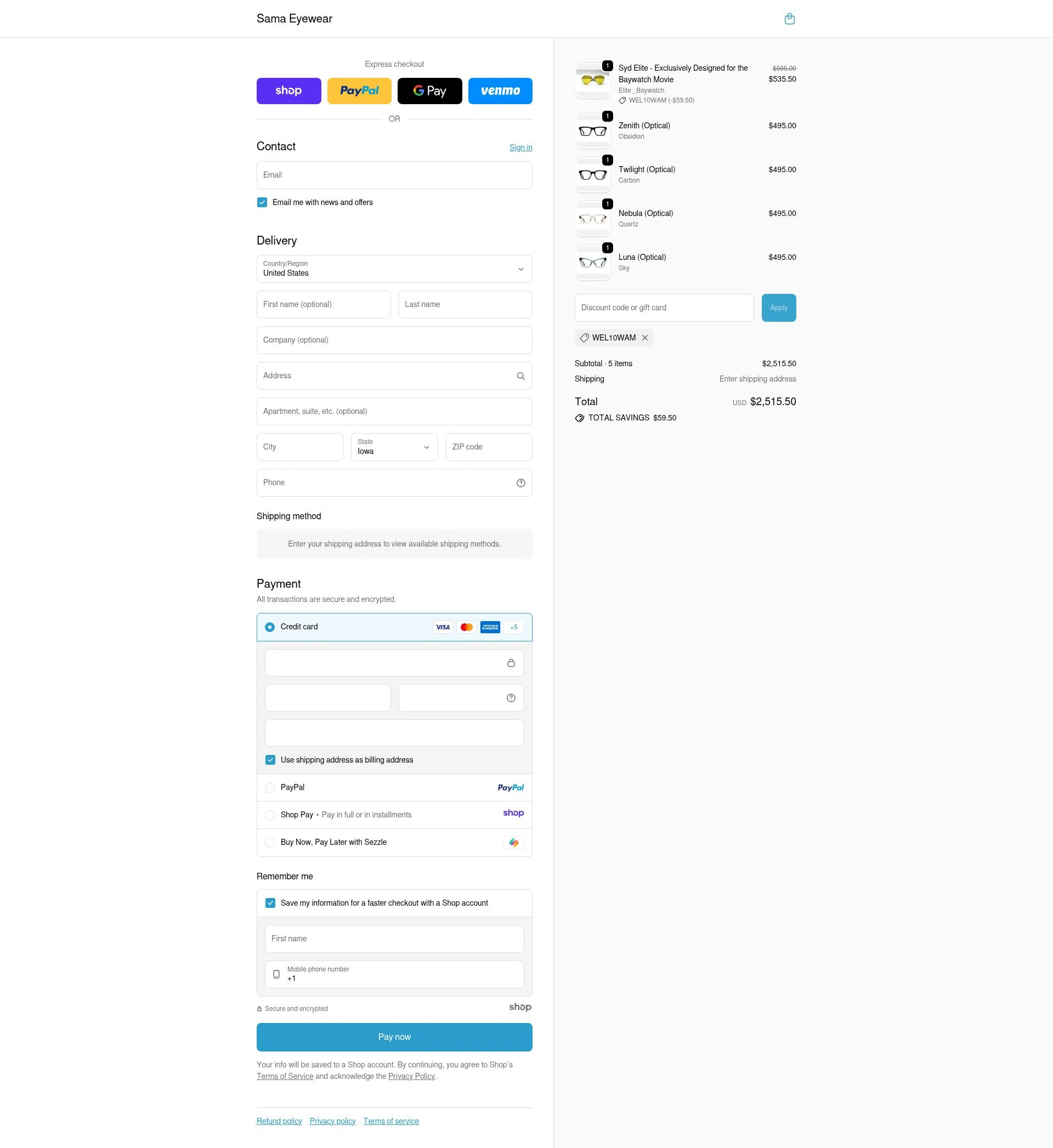 Sama Eyewear Shop checkout page showing Sama Eyewear Shop promo code box | Screenshot taken by SimplyCodes community member on Nov 28, 2025