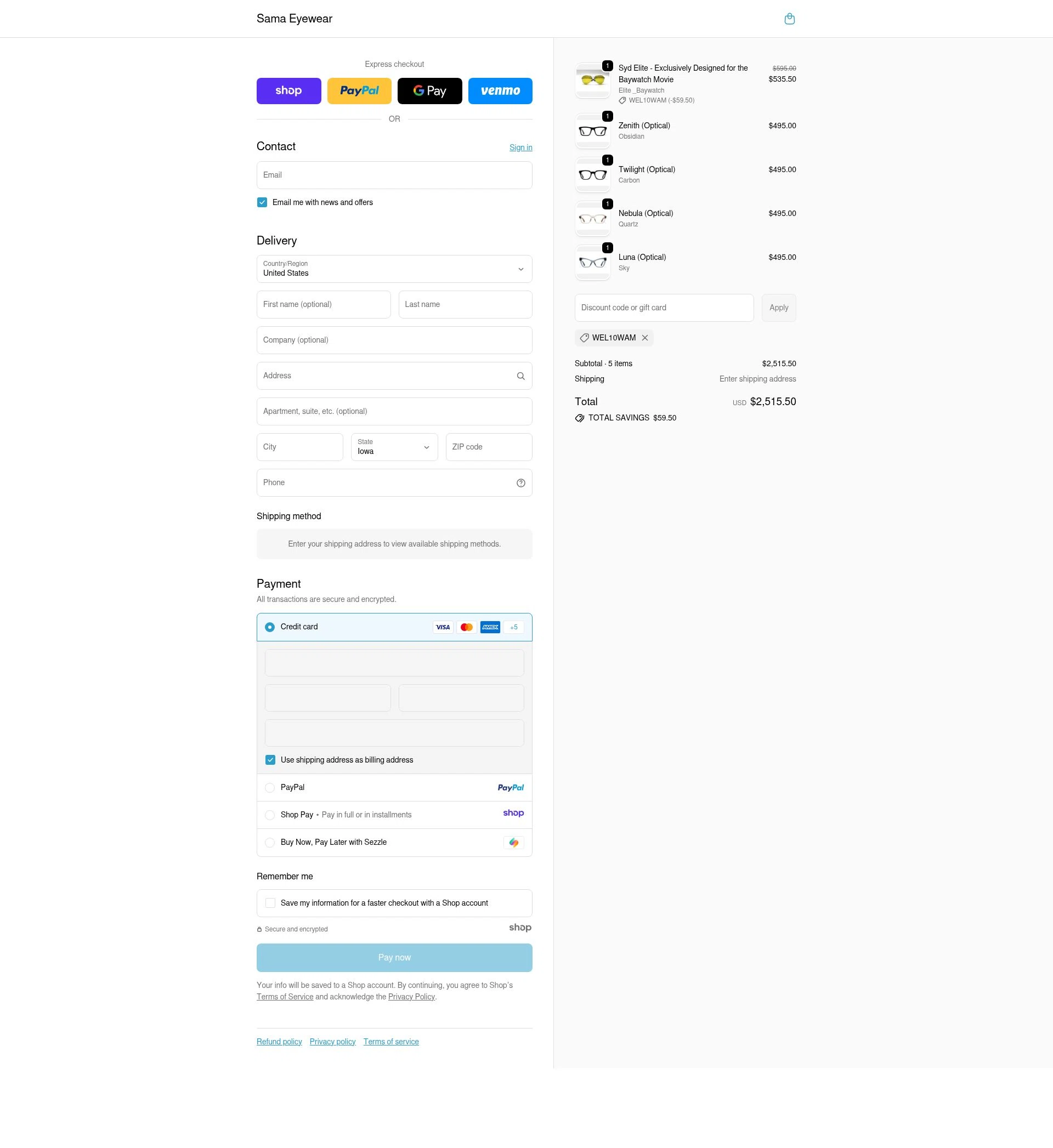 Sama Eyewear Shop checkout page showing Sama Eyewear Shop promo code box | Screenshot taken by SimplyCodes community member on Nov 23, 2025