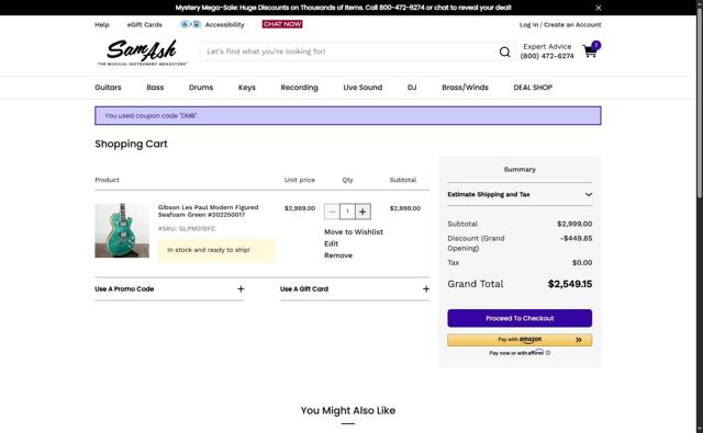 Sam Ash checkout page showing Sam Ash promo code box | Screenshot taken by SimplyCodes community member on Jul 13, 2025