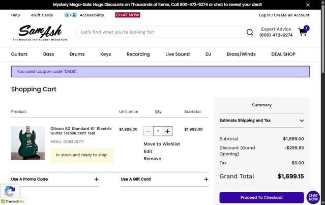 Sam Ash checkout page showing Sam Ash promo code box | Screenshot taken by SimplyCodes community member on Jul 3, 2025