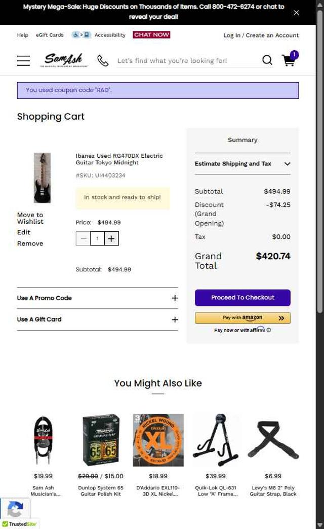 Sam Ash checkout page showing Sam Ash promo code box | Screenshot taken by SimplyCodes community member on Jul 12, 2025