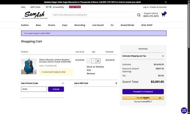 Sam Ash checkout page showing Sam Ash promo code box | Screenshot taken by SimplyCodes community member on Jun 11, 2025