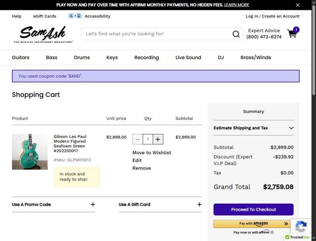 Sam Ash checkout page showing Sam Ash promo code box | Screenshot taken by SimplyCodes community member on Apr 30, 2025