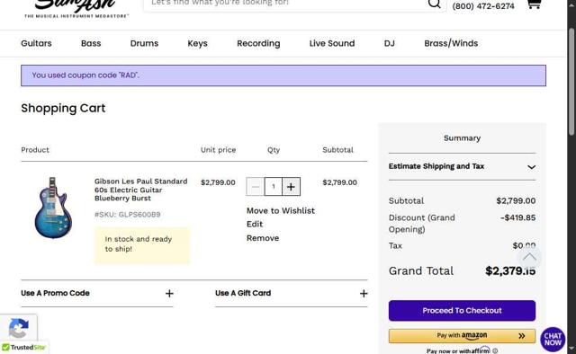 Sam Ash checkout page showing Sam Ash promo code box | Screenshot taken by SimplyCodes community member on Aug 1, 2025