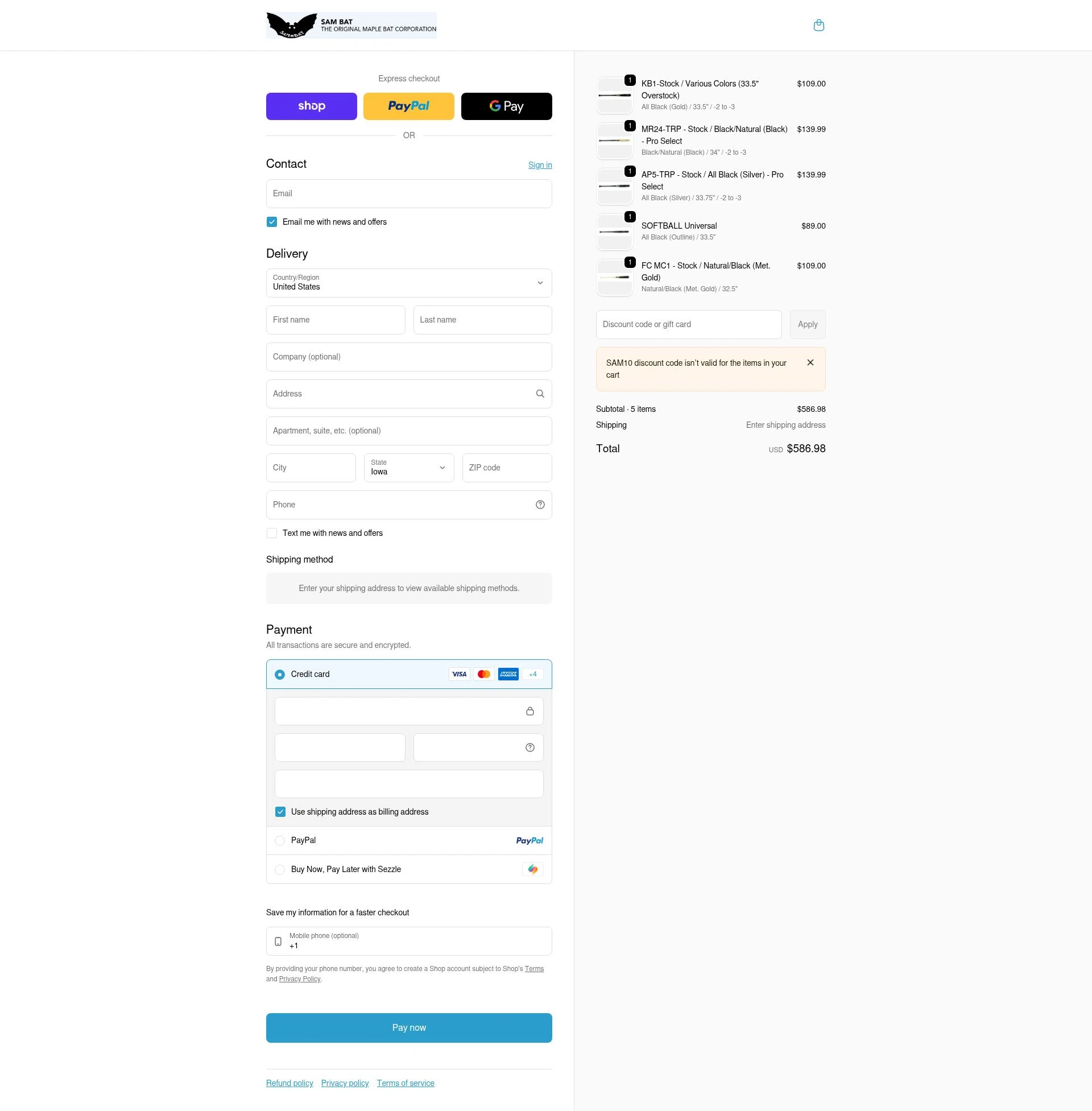 Sam Bat checkout page showing Sam Bat discount code box | Screenshot taken by SimplyCodes community member on Feb 12, 2026