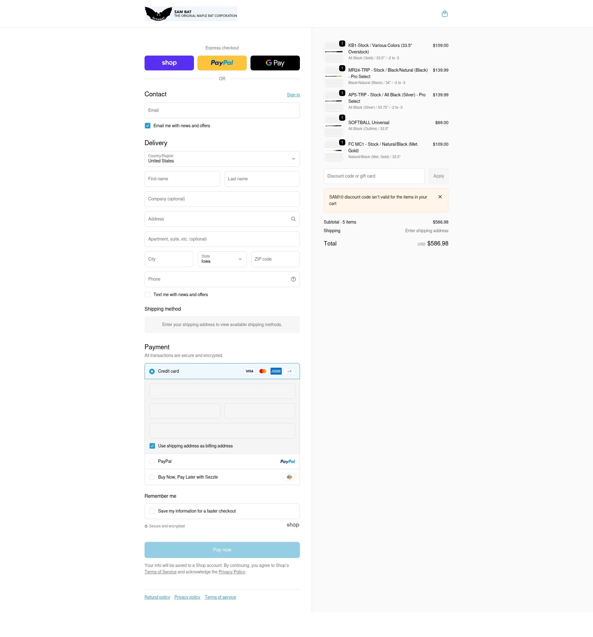 Sam Bat checkout page showing Sam Bat discount code box | Screenshot taken by SimplyCodes community member on Jan 30, 2026