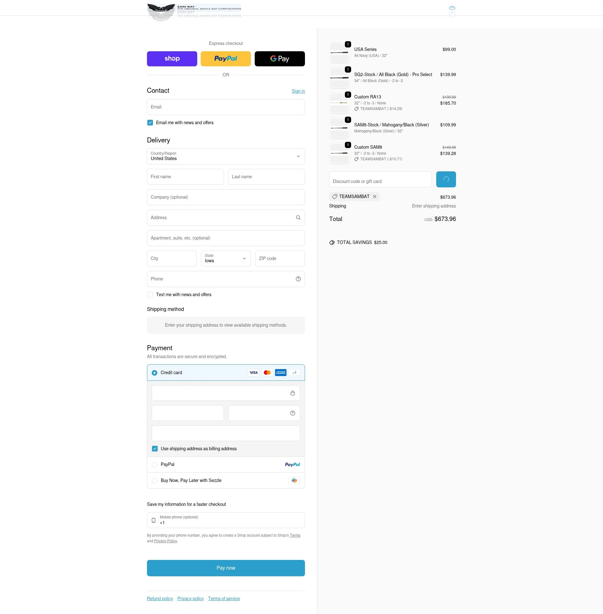 Sam Bat checkout page showing Sam Bat discount code box | Screenshot taken by SimplyCodes community member on Feb 16, 2026
