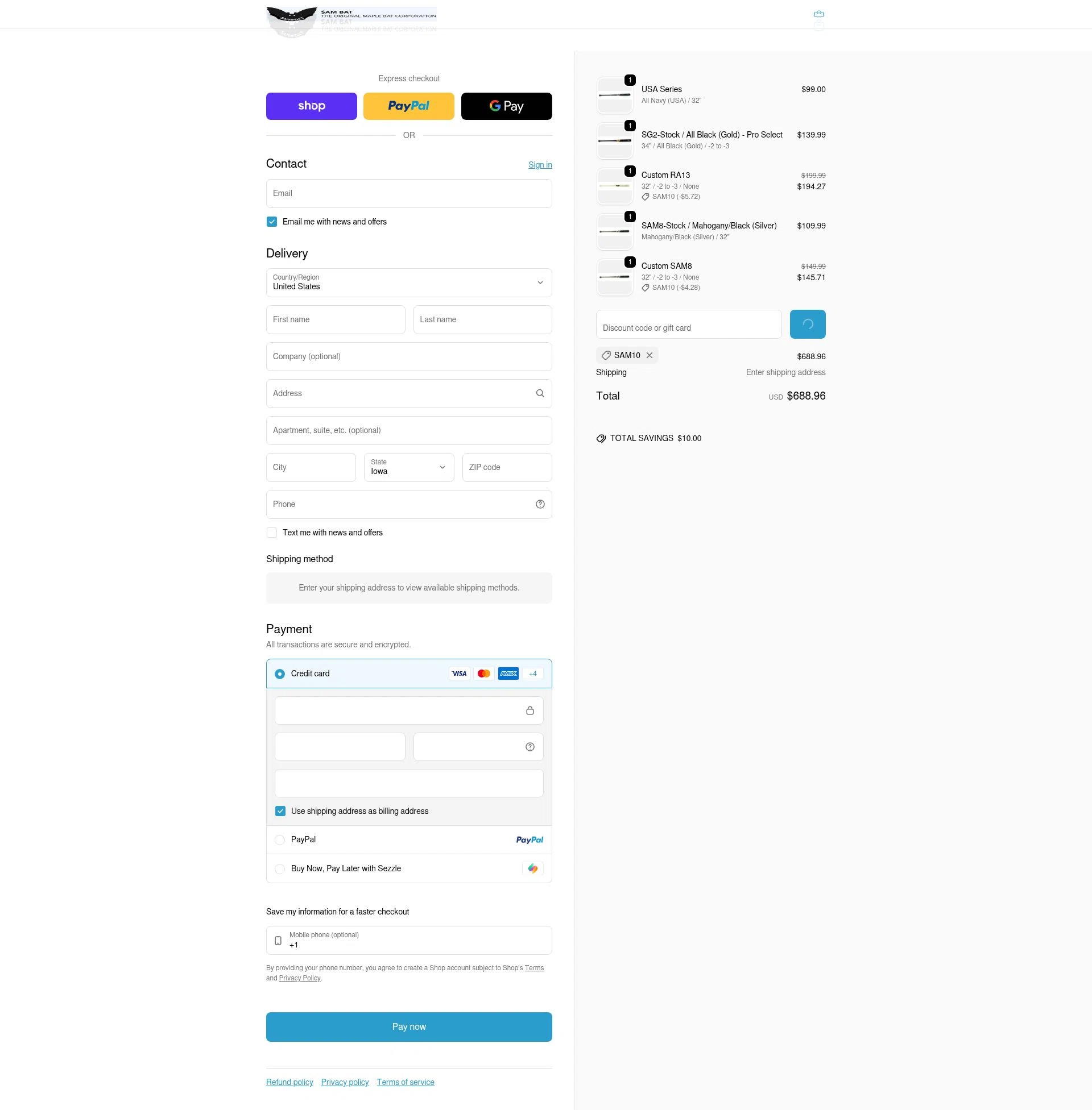Sam Bat checkout page showing Sam Bat discount code box | Screenshot taken by SimplyCodes community member on Feb 16, 2026