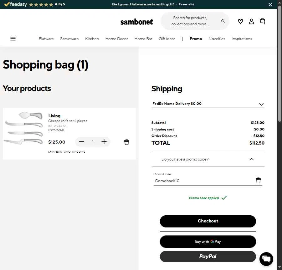 Sambonet checkout page showing Sambonet promo code box | Screenshot taken by SimplyCodes community member on Oct 12, 2025