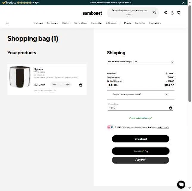 Sambonet checkout page showing Sambonet promo code box | Screenshot taken by SimplyCodes community member on Dec 29, 2025