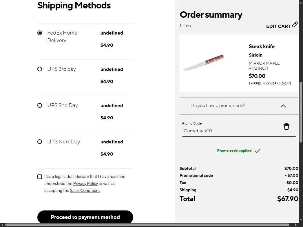 Sambonet checkout page showing Sambonet promo code box | Screenshot taken by SimplyCodes community member on Dec 9, 2025