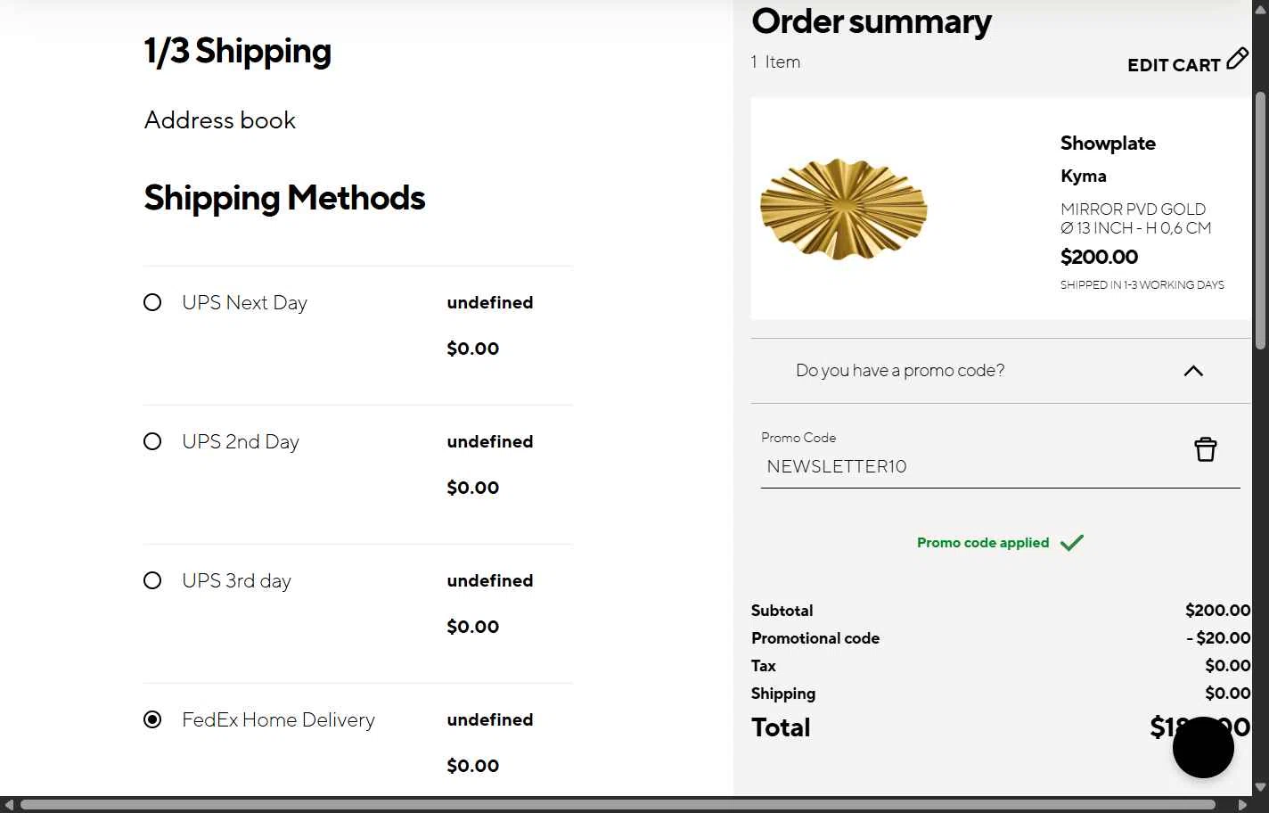 Sambonet checkout page showing Sambonet promo code box | Screenshot taken by SimplyCodes community member on Oct 10, 2025